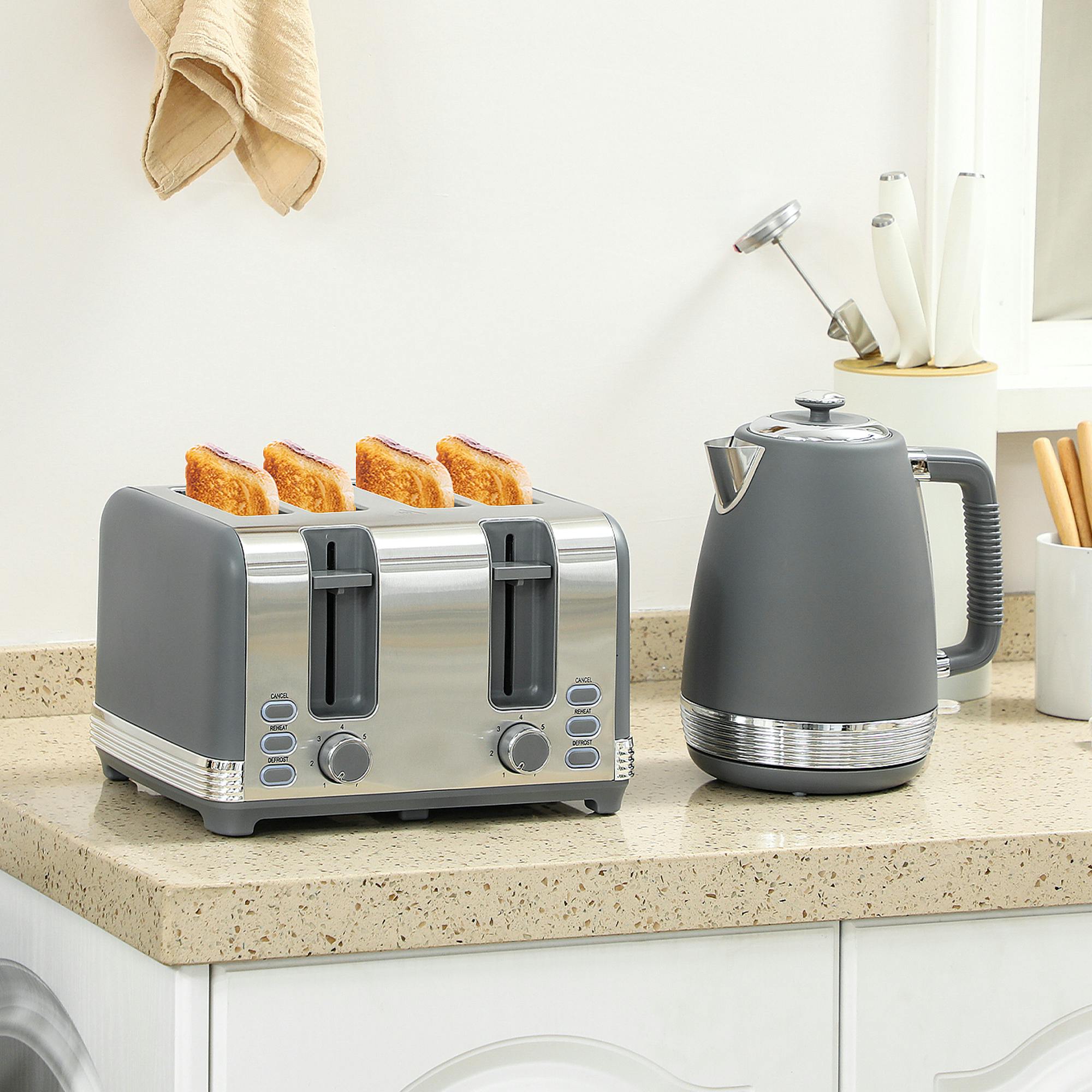 Homcom Unisex Grey 1.7L 3000W Quick Boil Kettle And 4 Slice Toaster Set Crumb Tray In - Image 4