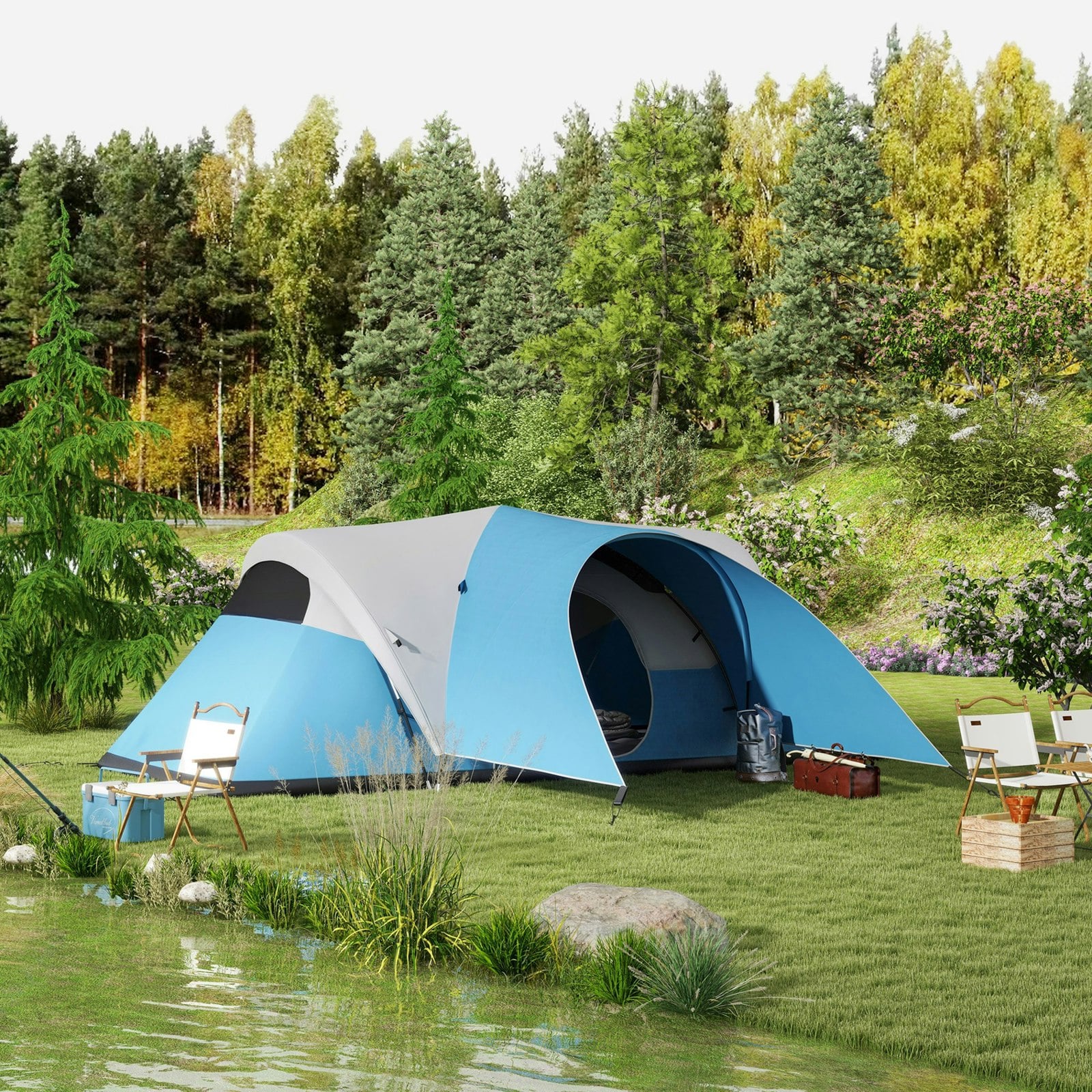 Outsunny Blue 3000Mm Waterproof Camping Tent W/ Porch & Sewn In Groundsheet,