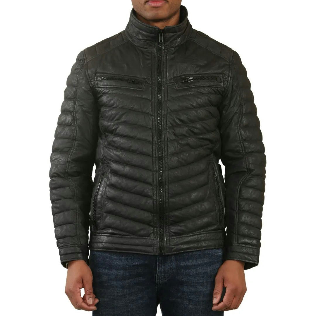 Infinity Leather Men's Black Quilted Puffer Soft Napa Leather Jacket - 2XL