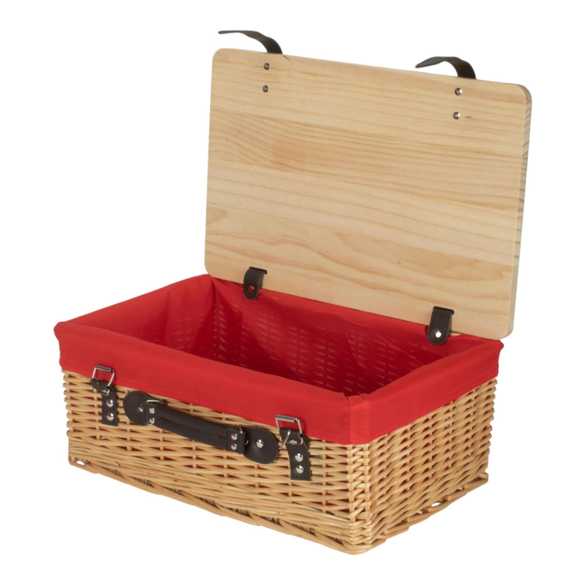 Rackhams Red Buff Lined Willow Picnic Basket With Pinewood Lid - Medium - 1 - Wicker And Pinewood