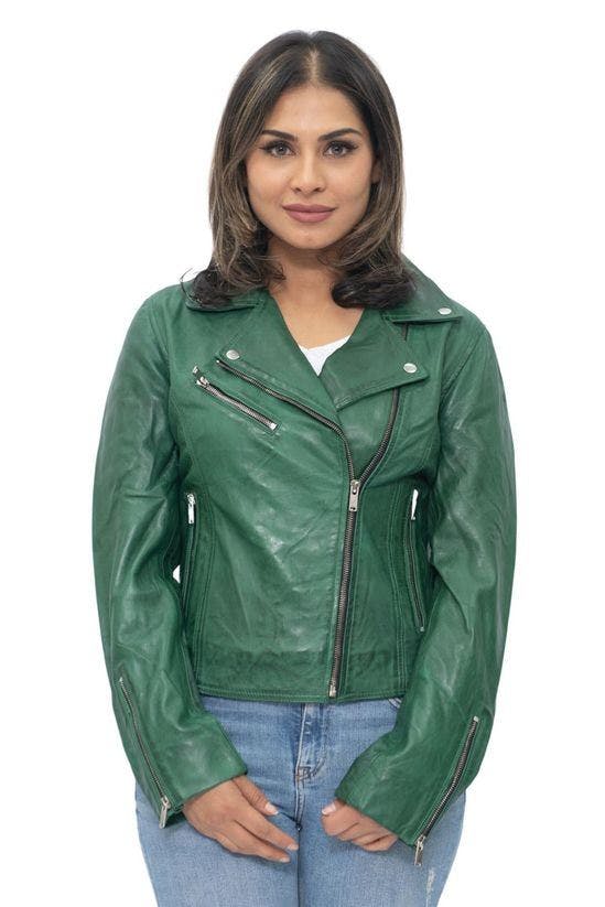 Infinity Leather Women's Green Leather Classic Biker Brando Jacket-Baku - Uk Xl/16 | Eu 42 | Us 12