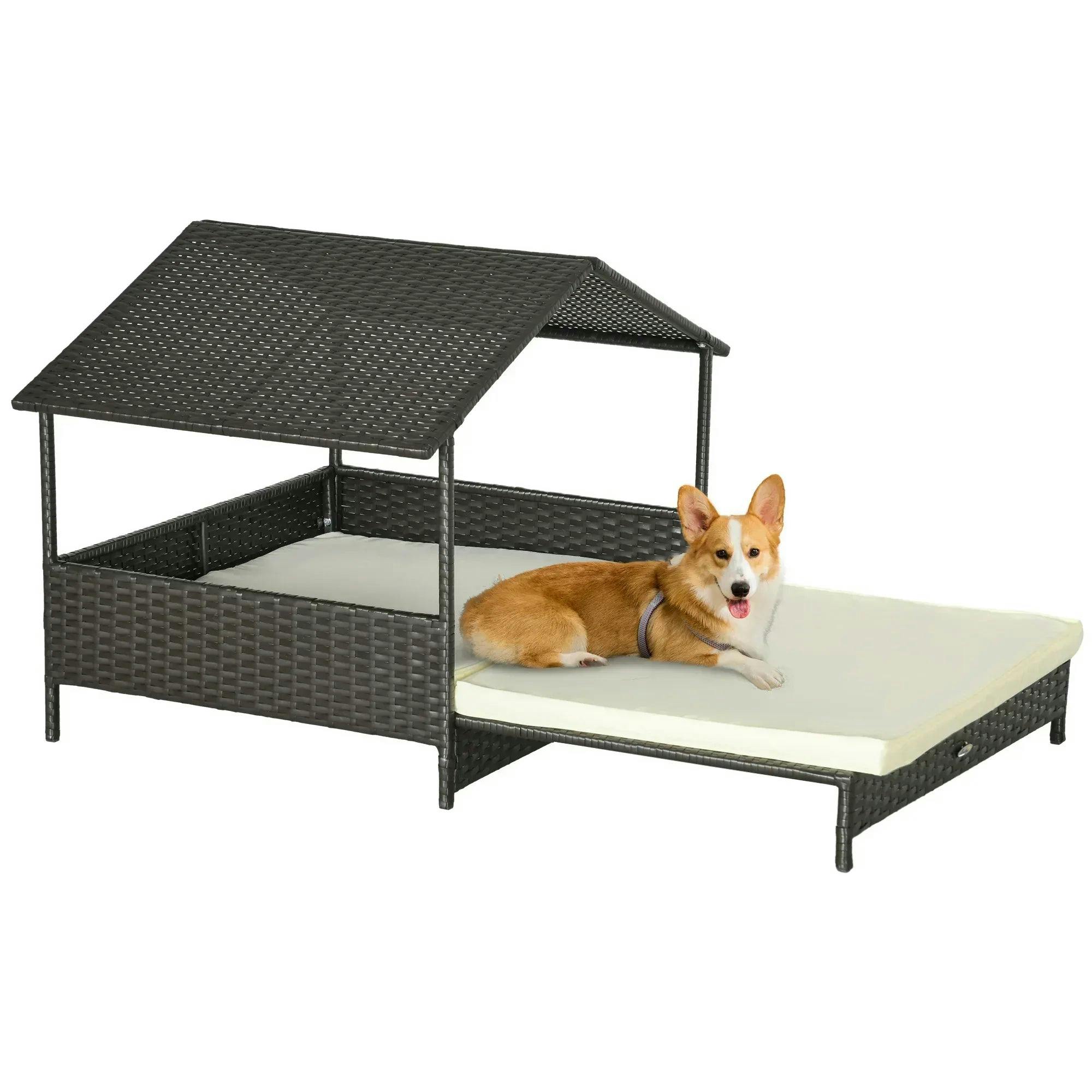 PawHut Extendable Rattan Dog House - Cream - Outdoor Weather-Resistant - Steel Frame - Cushion Included - Image 6