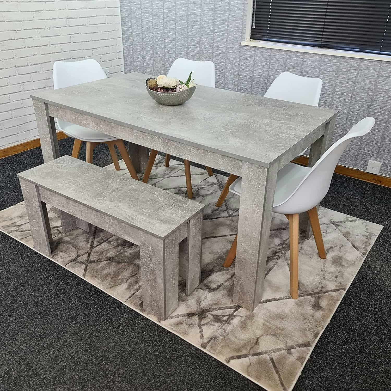 B&Q - Stone Grey Effect Wood Dining Table Set With Bench And 4 White Plastic Chairs Modern Dining Room Furniture - Image 6
