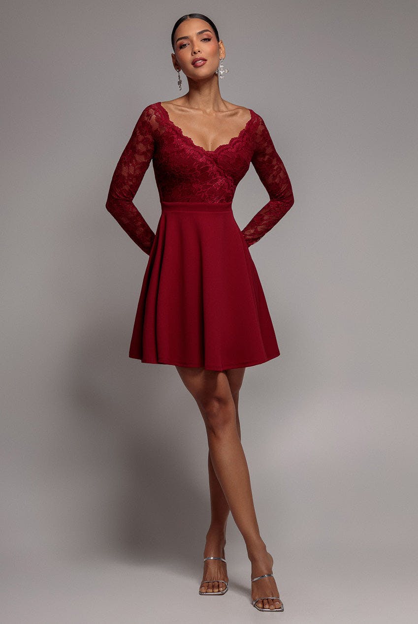 Goddiva Off The Shoulder Lace Skater Mini Dress - Wine By - Wine - 18