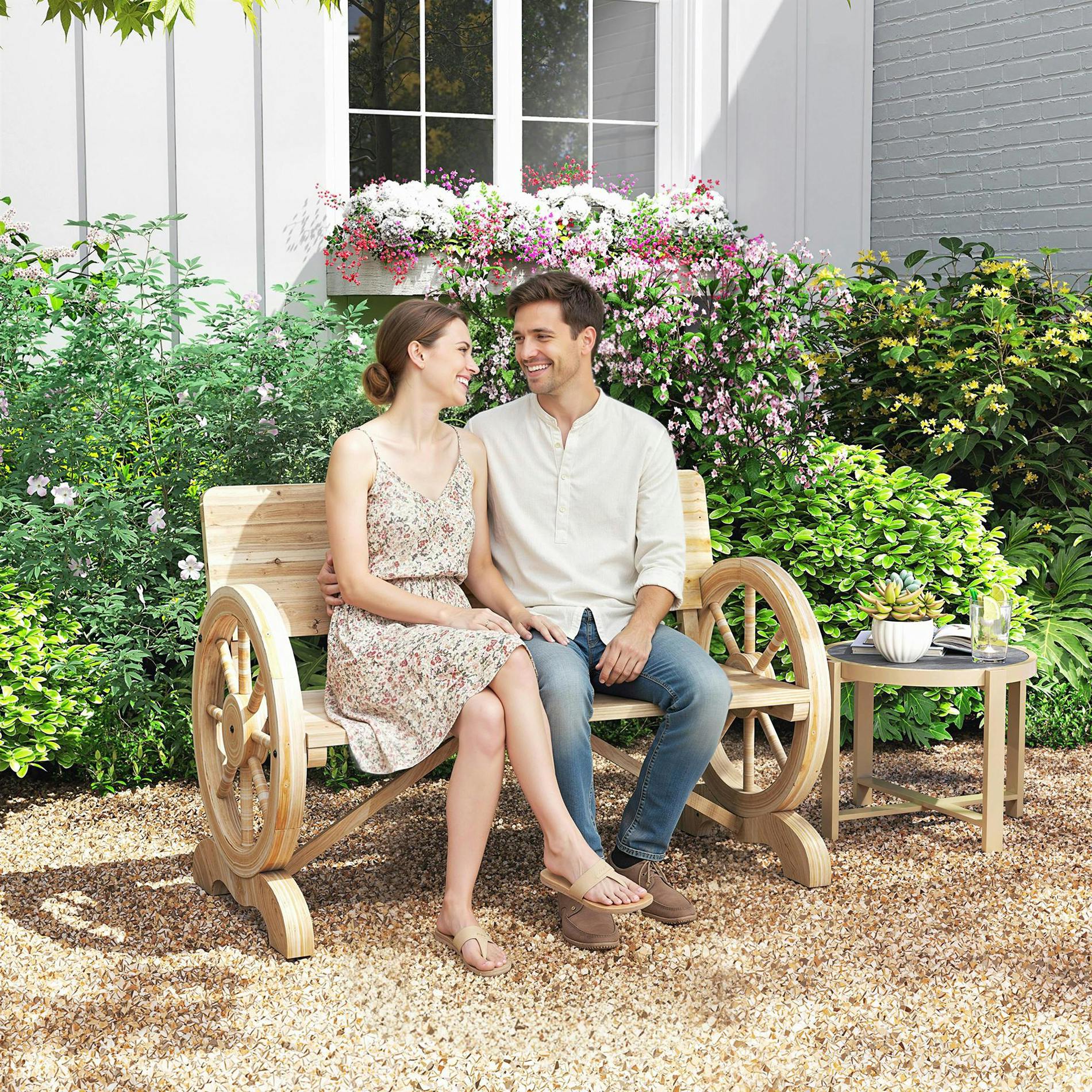 Rackhams Wooden Garden Bench Outdoor Loveseat With High Back, Natural Wood - Fir Wood - Garden Bench - Natural Wood Finish