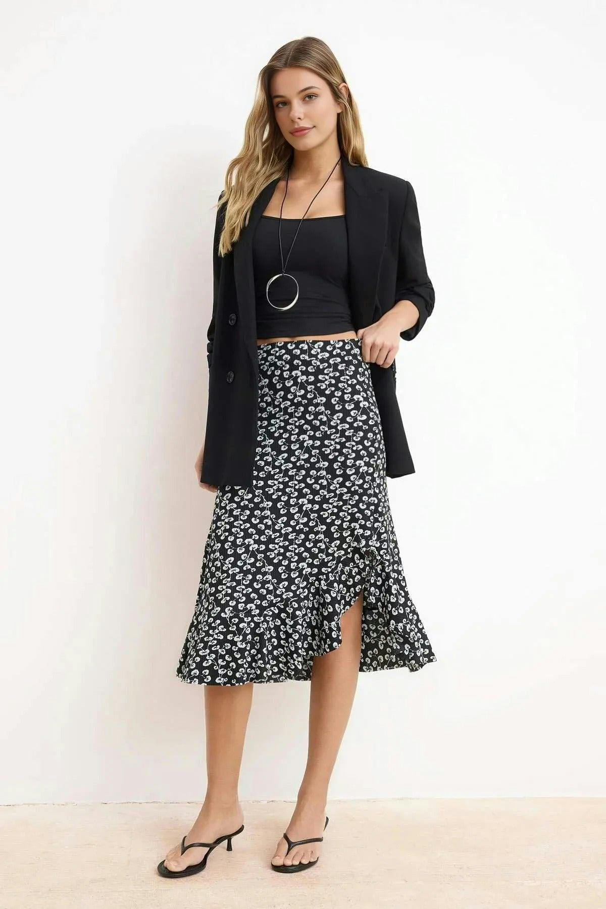 Wovcor Printed High-Waisted Stretch Skirt With Gathering And Ruffles - Multi - M