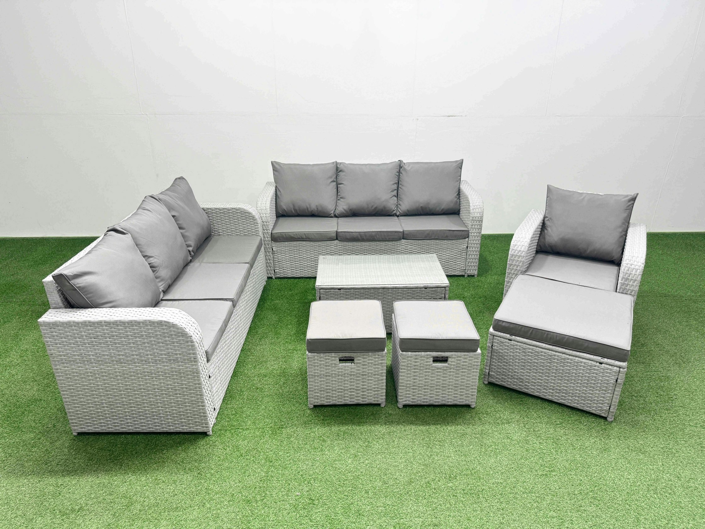 Rackhams Light/Grey 10 Seater Poly Rattan Outdoor Garden Furniture Sofa Set Patio 3 Seater Sofa Reclining Chair 3 Seater Sofa 3 Stools