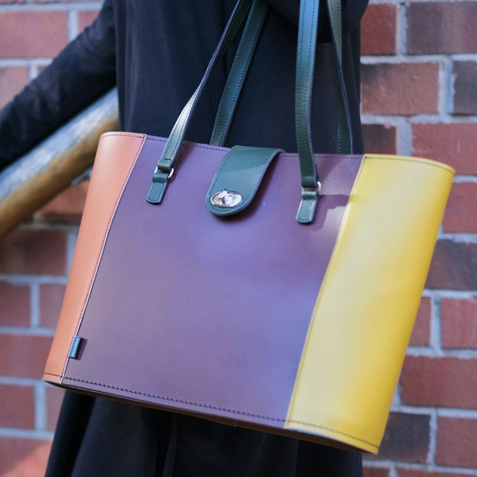Zatchels Red/Green/Orange Handmade Leather Twist Lock Shopper - Autumnal Kaleidoscope