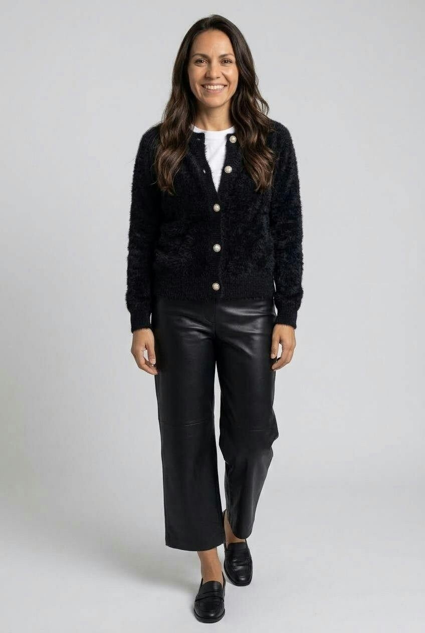 Izabel London Black Textured Pearl Button Detail Cardigan - S/M