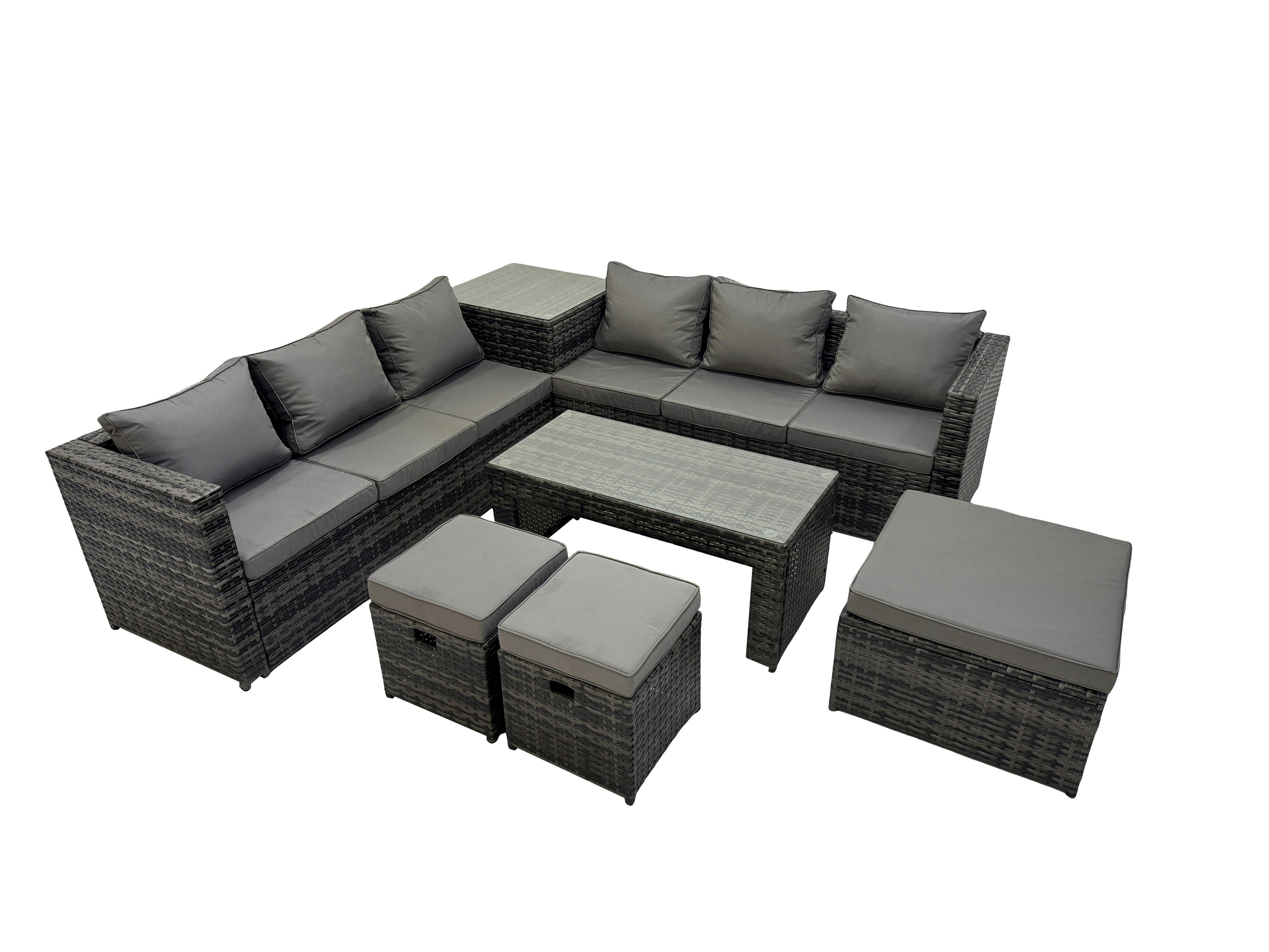 Fimous Dark/Grey Garden Rattan Outdoor Furniture Set 9 Seater Patio Corner Sofa Oblong Coffee Table With 3 Stool Side Table