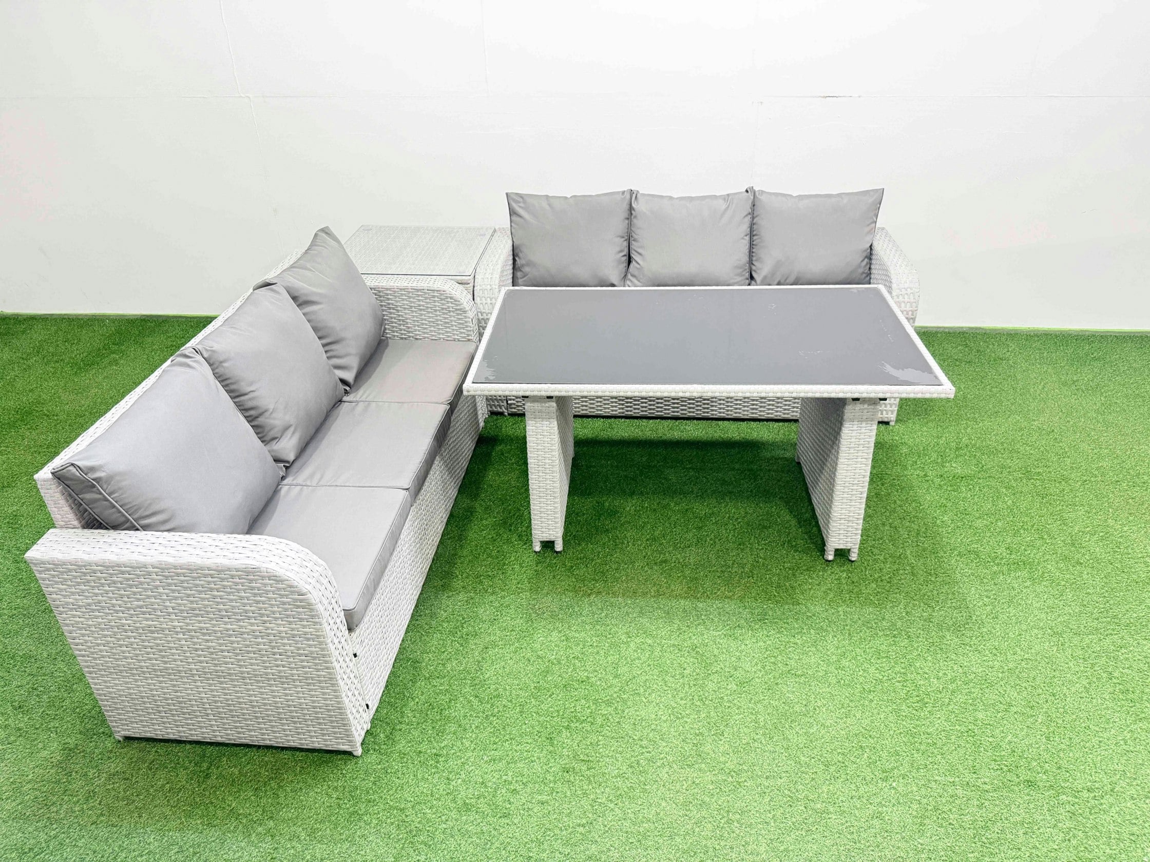 Fimous Light/Grey 6 Seater Rattan Outdoor Dining Table 3 Seater Sofa Set With Side Table