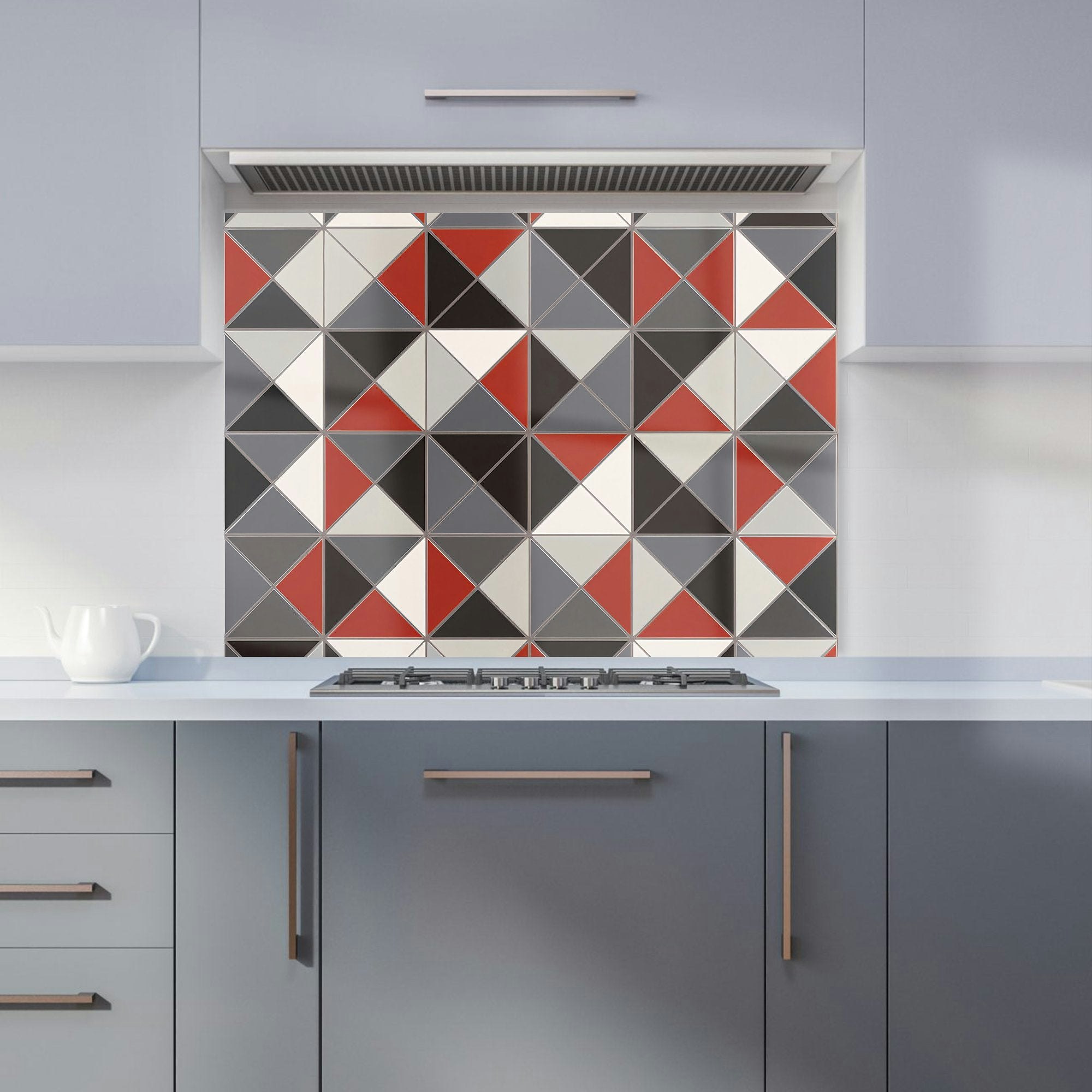 Rackhams Grey/Red - Designer Triangle Geometric Kitchen Splashback - W900mm X H650mm