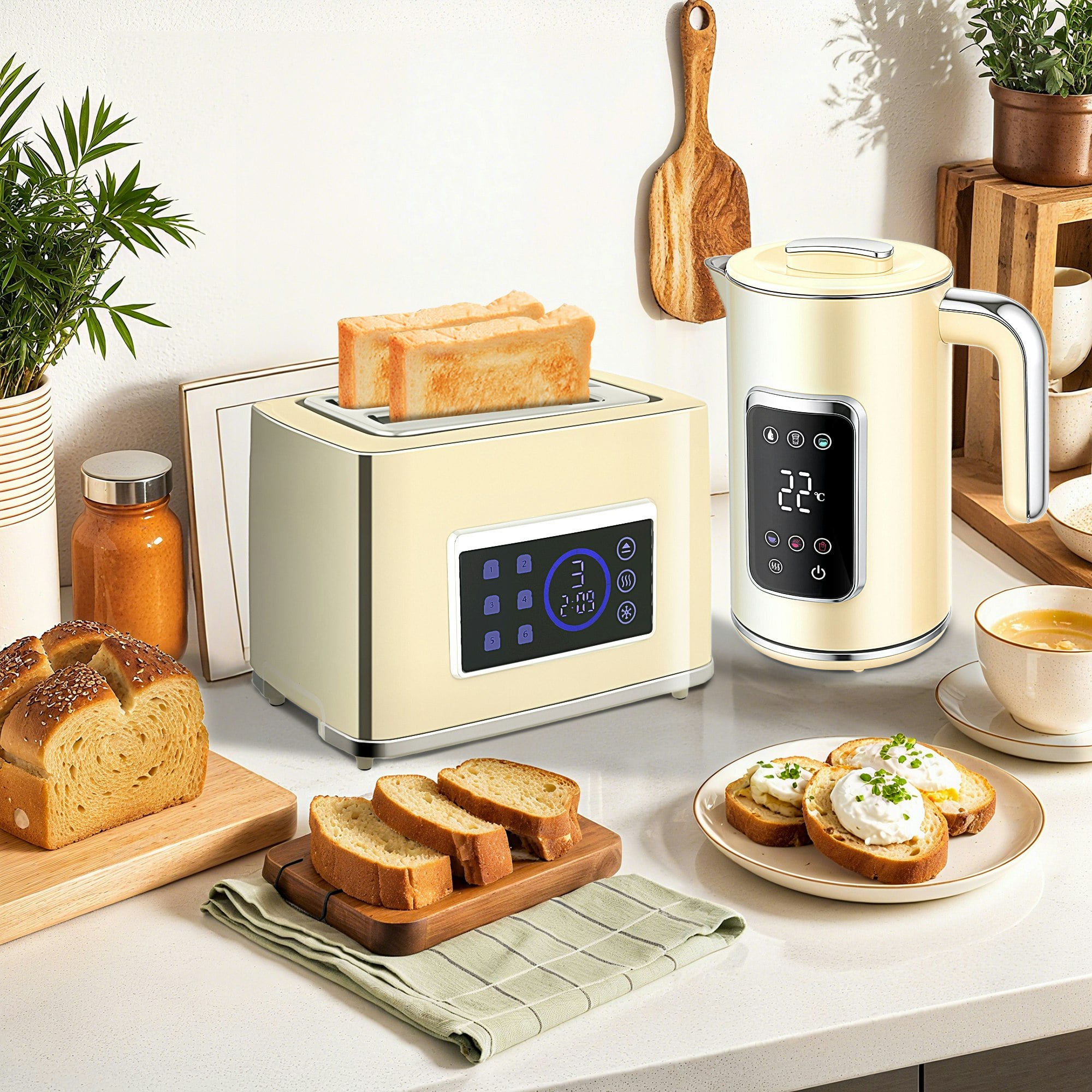 Homcom Cream 1.7L 3000W Boil Kettle And Toaster Set