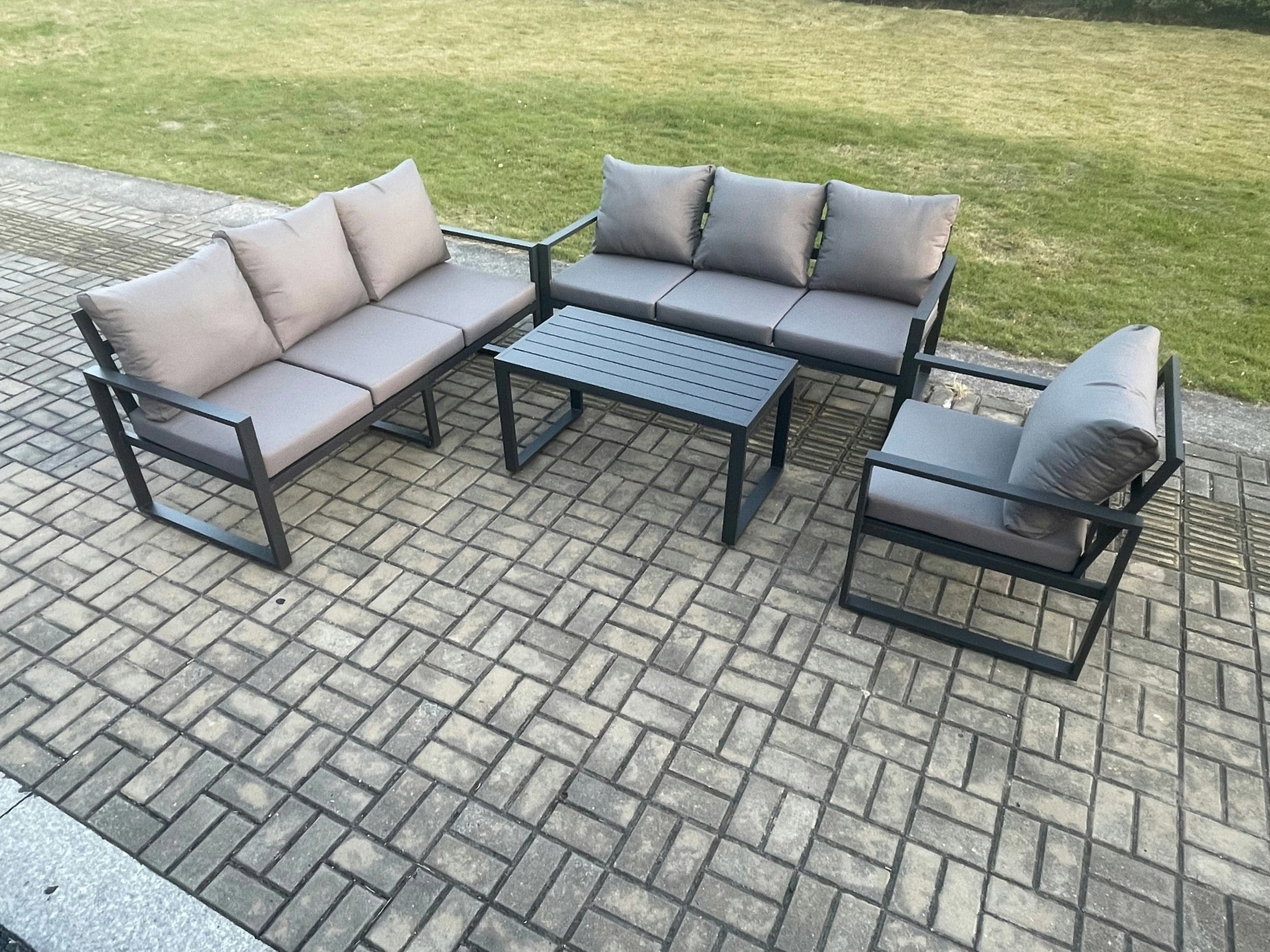 Rackhams Dark/Grey Aluminium 7 Seater Garden Furniture Outdoor Patio Sofa Set With Rectangular Coffee Table Armchair