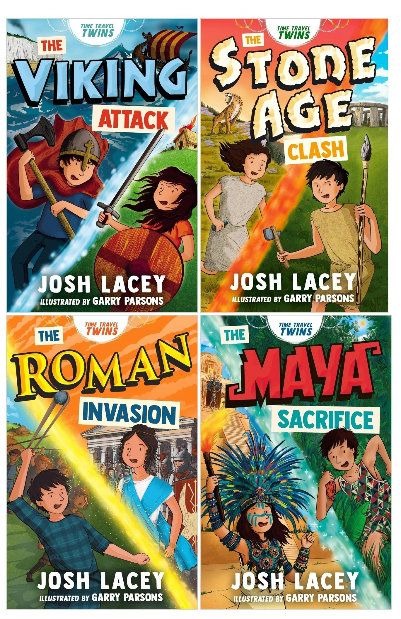 Andersen Press Time Travel Twins Series Books Set By Josh Lacey (Viking Attack, Stone Age Clash, Roman Invasion, Maya Sacrifice) Size 4
