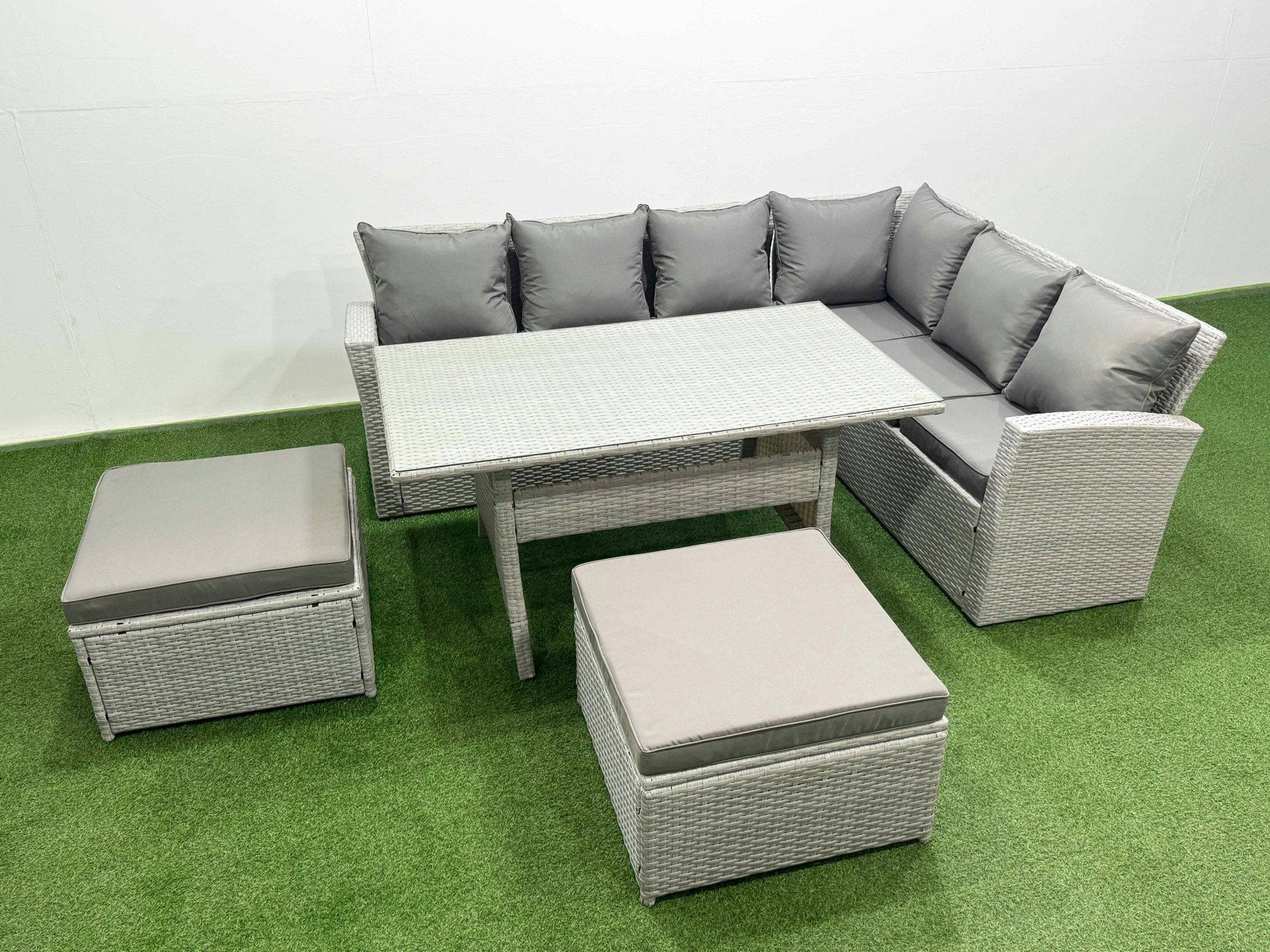 Rackhams Light/Grey Rattan Garden Furniture Set Outdoor 8 Seater Patio Dining Corner Sofa Sets With Dining Table 2 Big Footstools Mixed