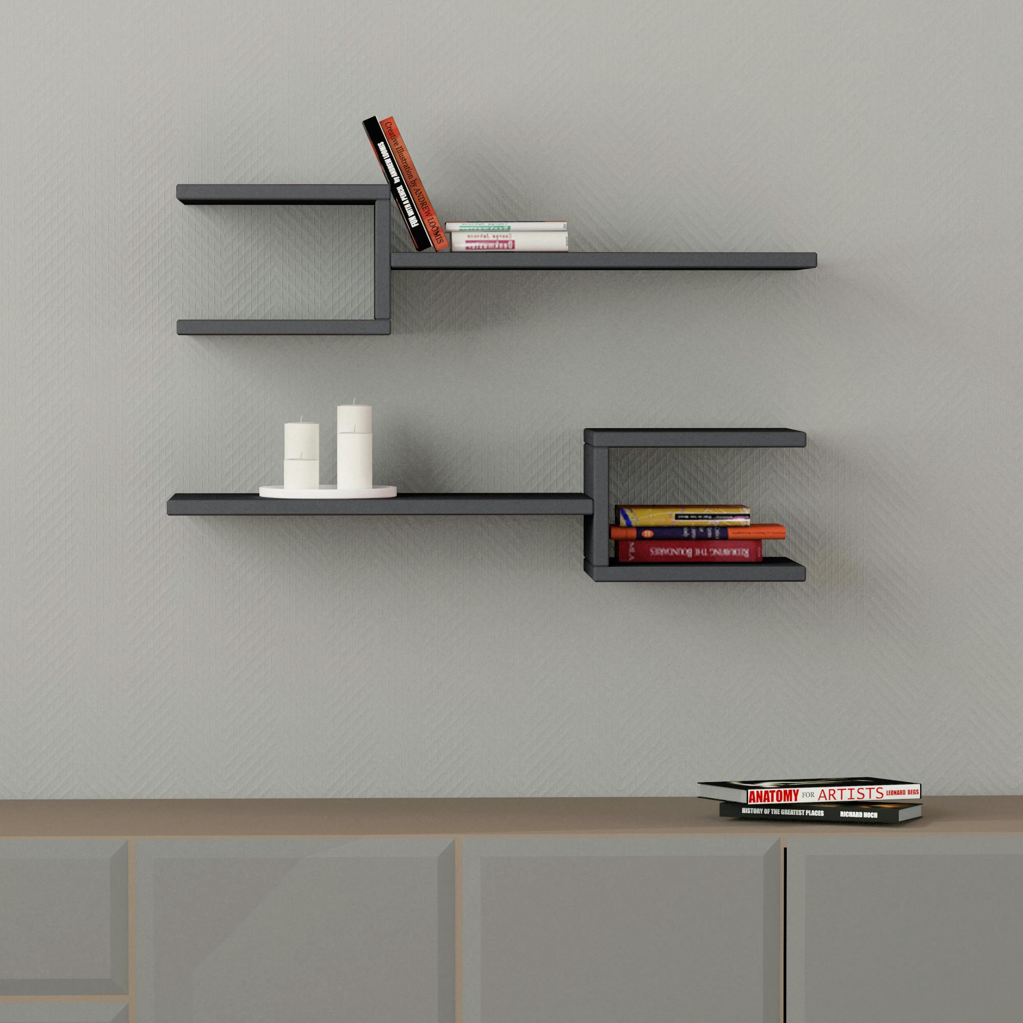Rackhams Anthracite/Grey Fork Modern Wall Mounted Floating Shelf Unique Design Set 2 Piece Shelf 75Cm