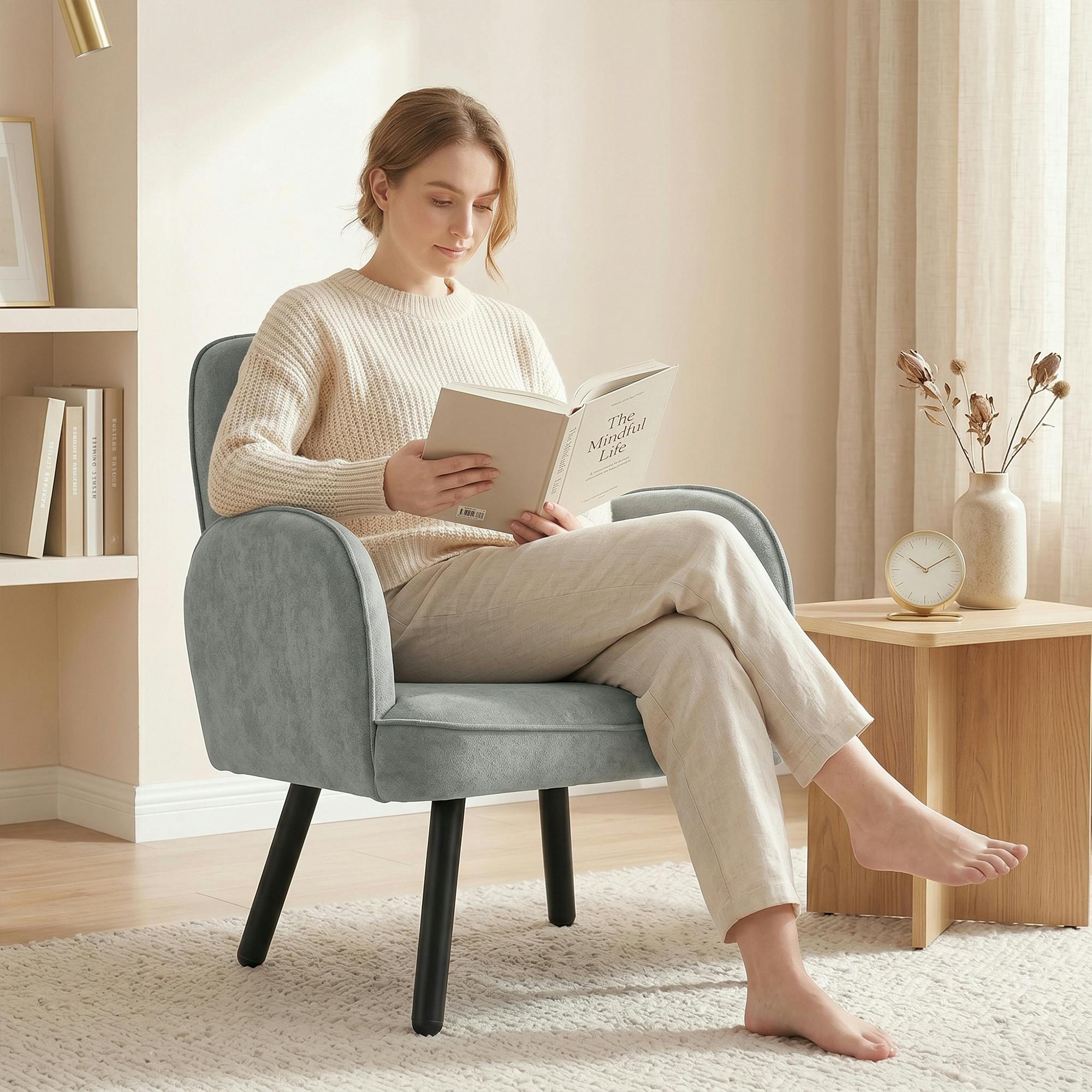 Homcom Grey Lounge Chair Velvet Upholstered Spring Cushion