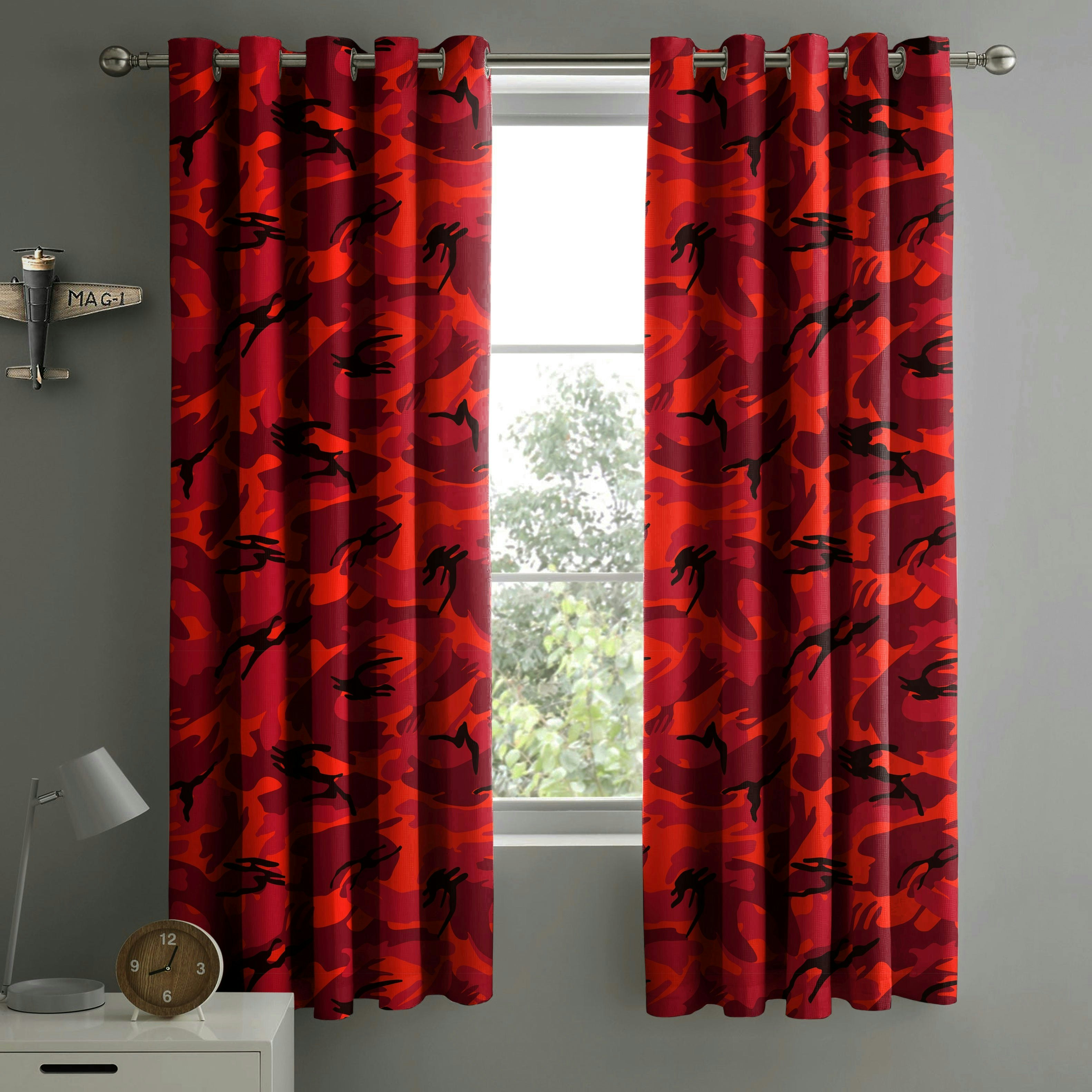 Velosso Red Camouflage Eyelet Curtains - 168Cm X 137Cm