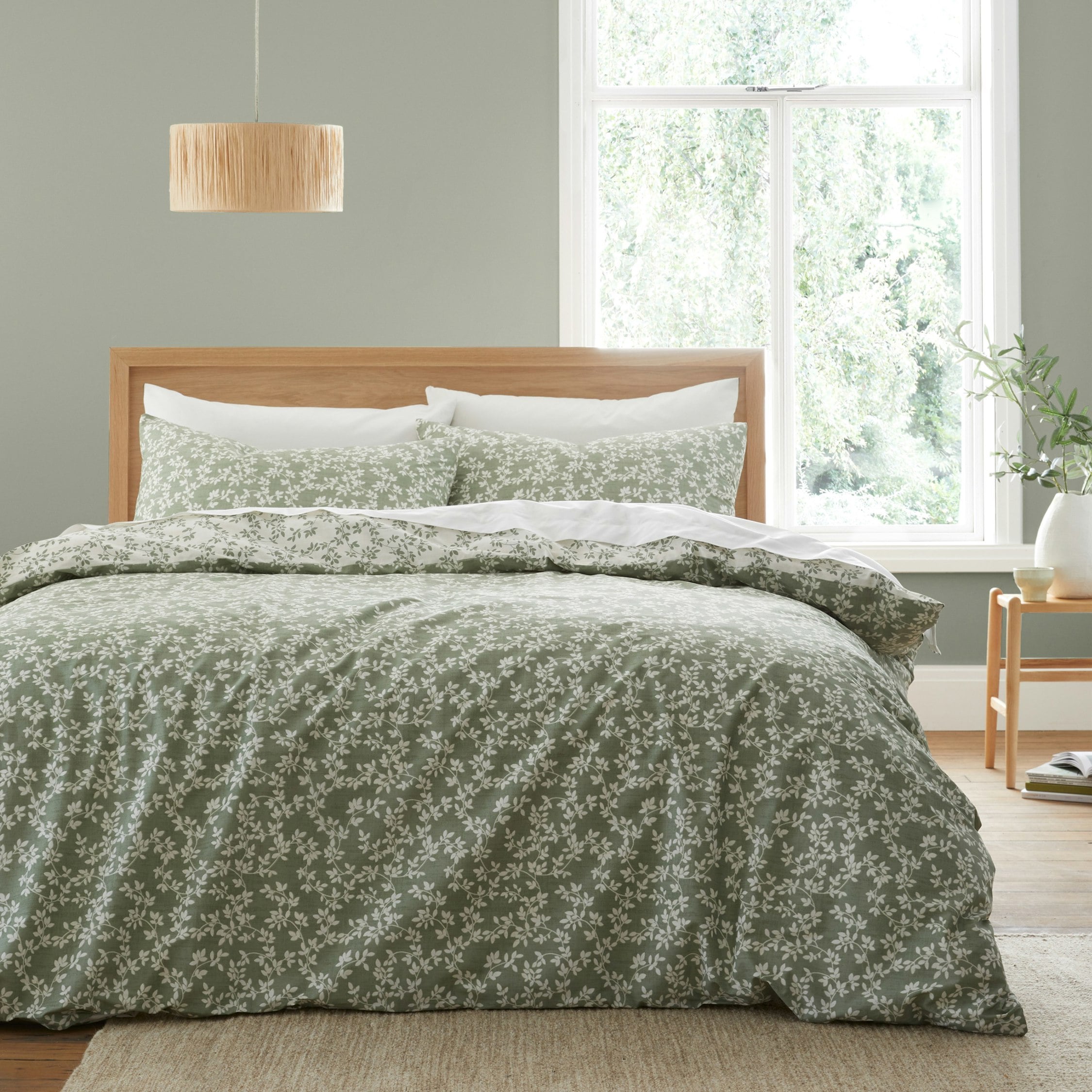 Bianca Green Shadow Leaves 200 Thread Count Cotton Reversible Duvet Cover Set - Double