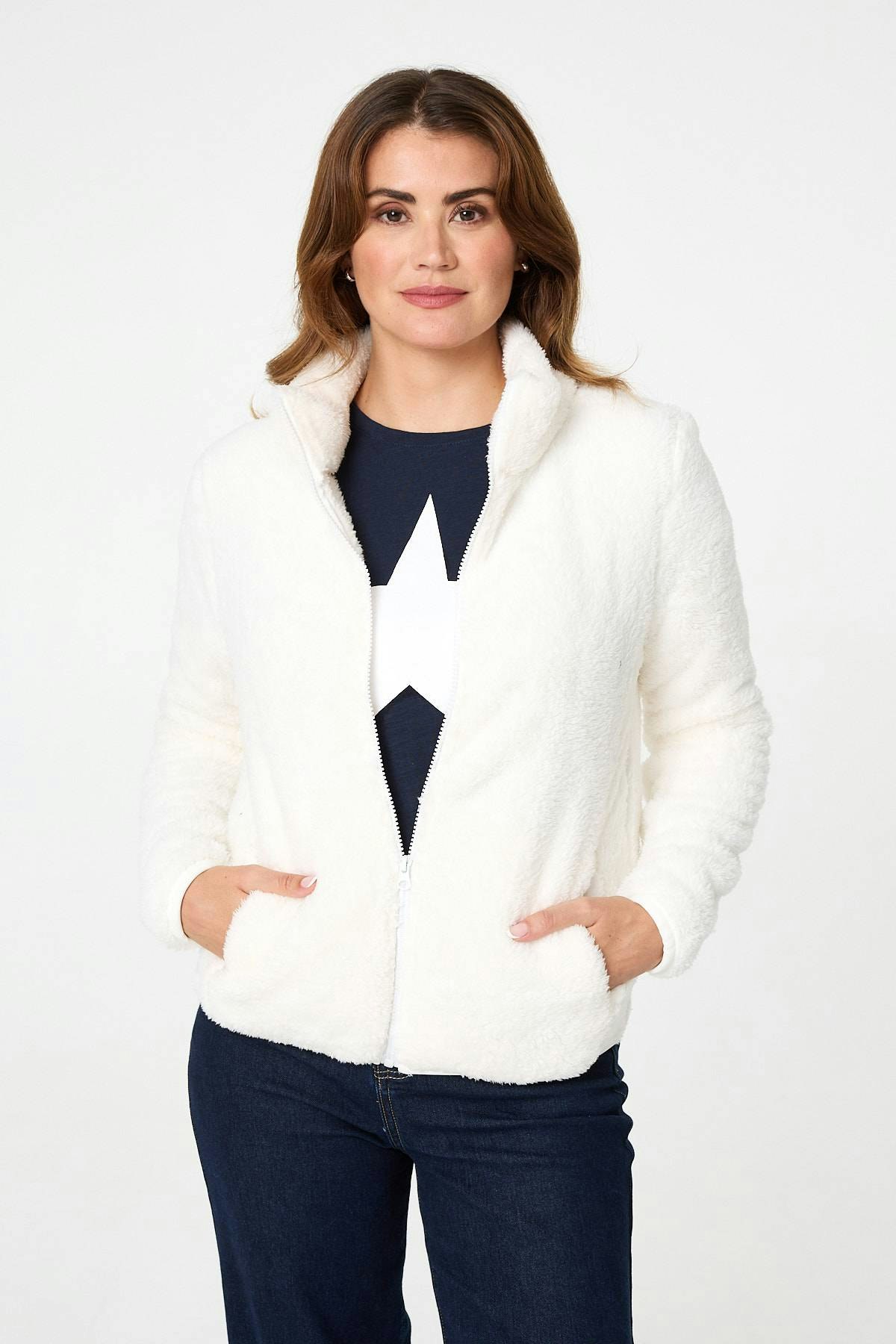 Izabel London Ivory Soft Texture Zip Front High Neck Fleece - 12