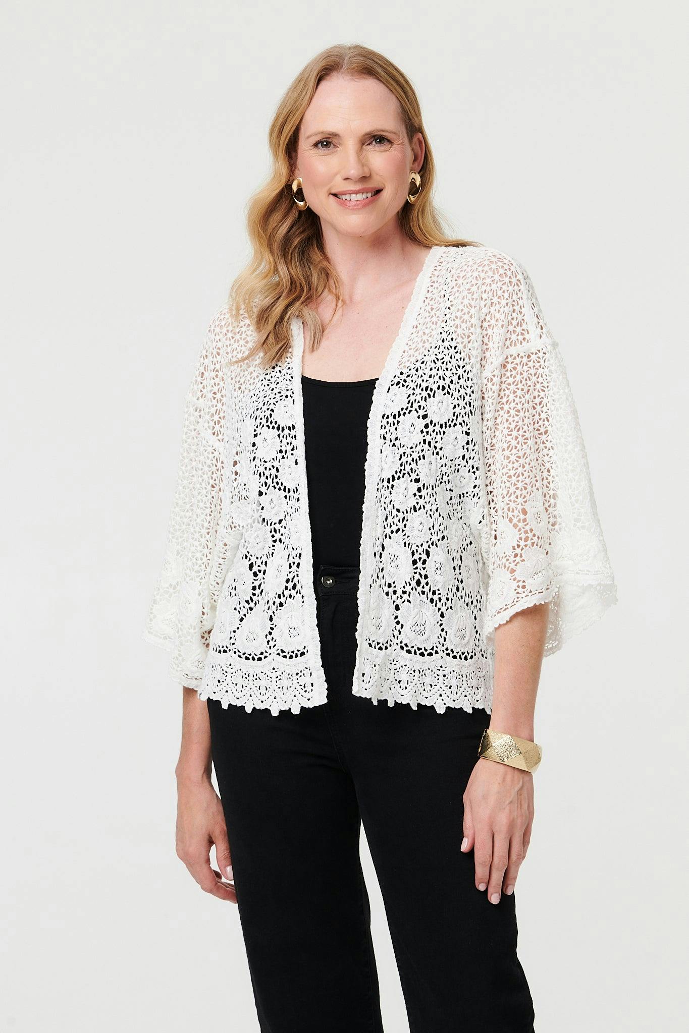 Izabel London White Crochet Textured Open Front Cardigan - M/L