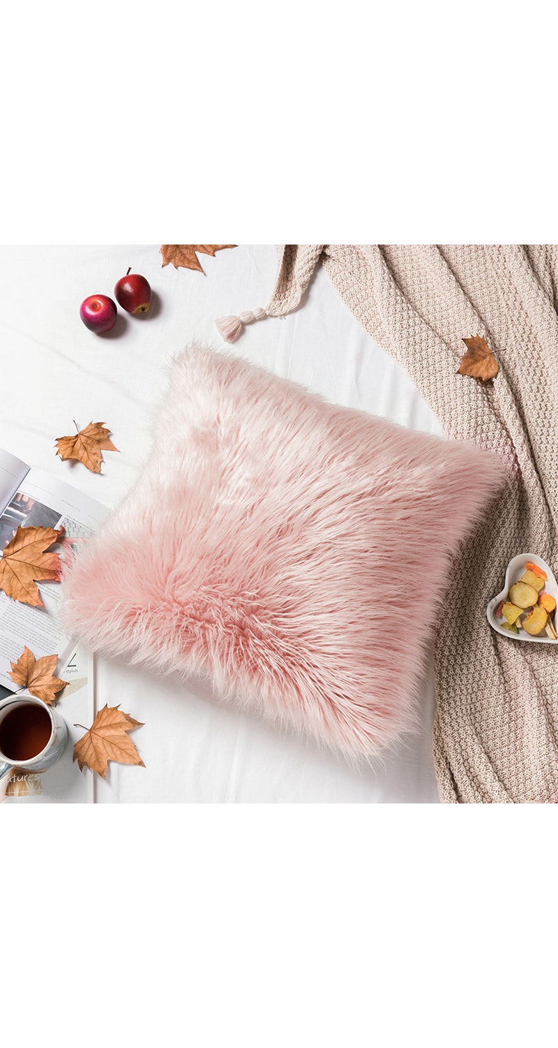 Living And Home Pink Fluffy Faux Wool Cushion Cover
