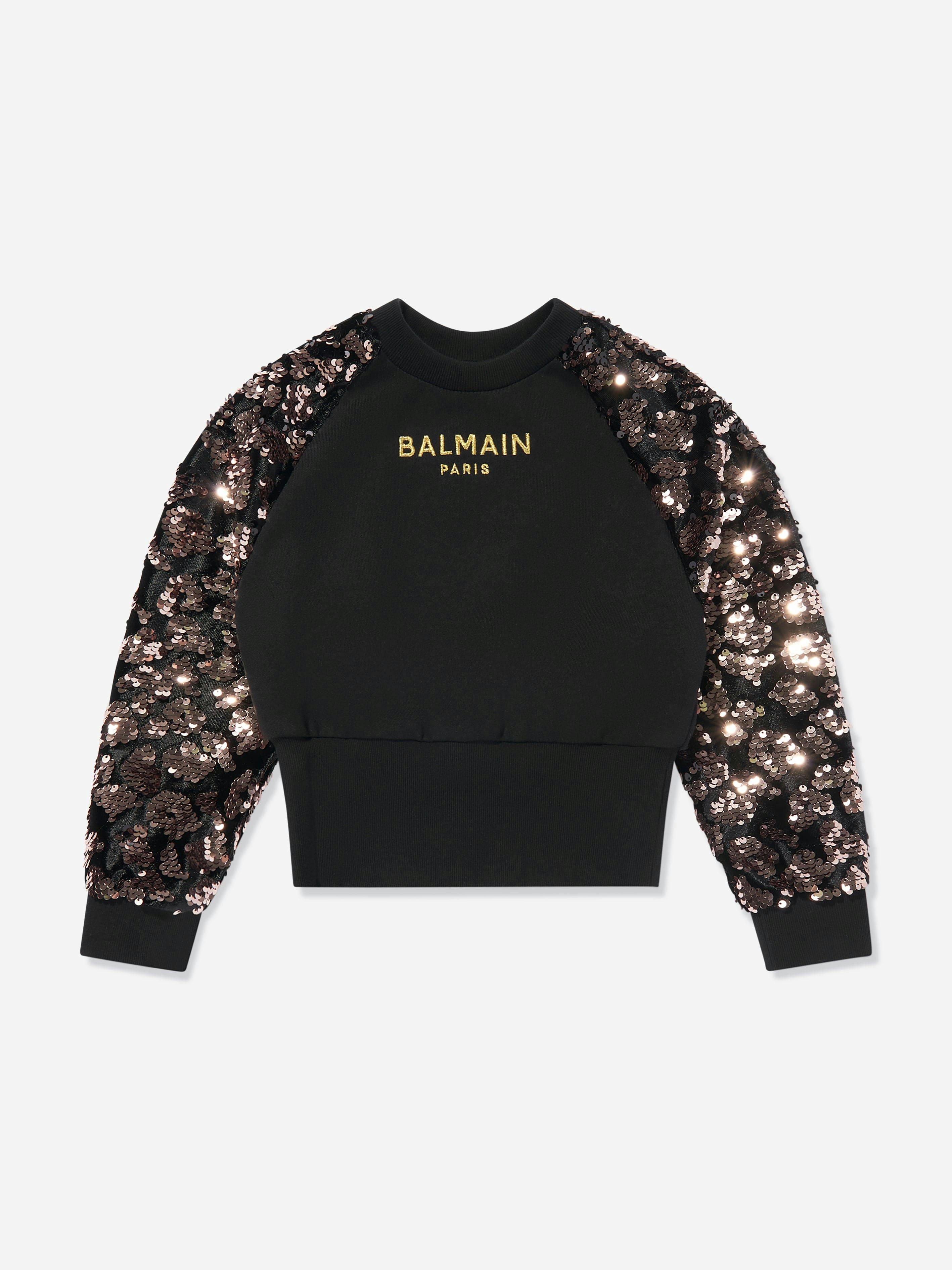 Balmain Girls Black Sequin Sleeve Sweatshirt In - 12 Yrs