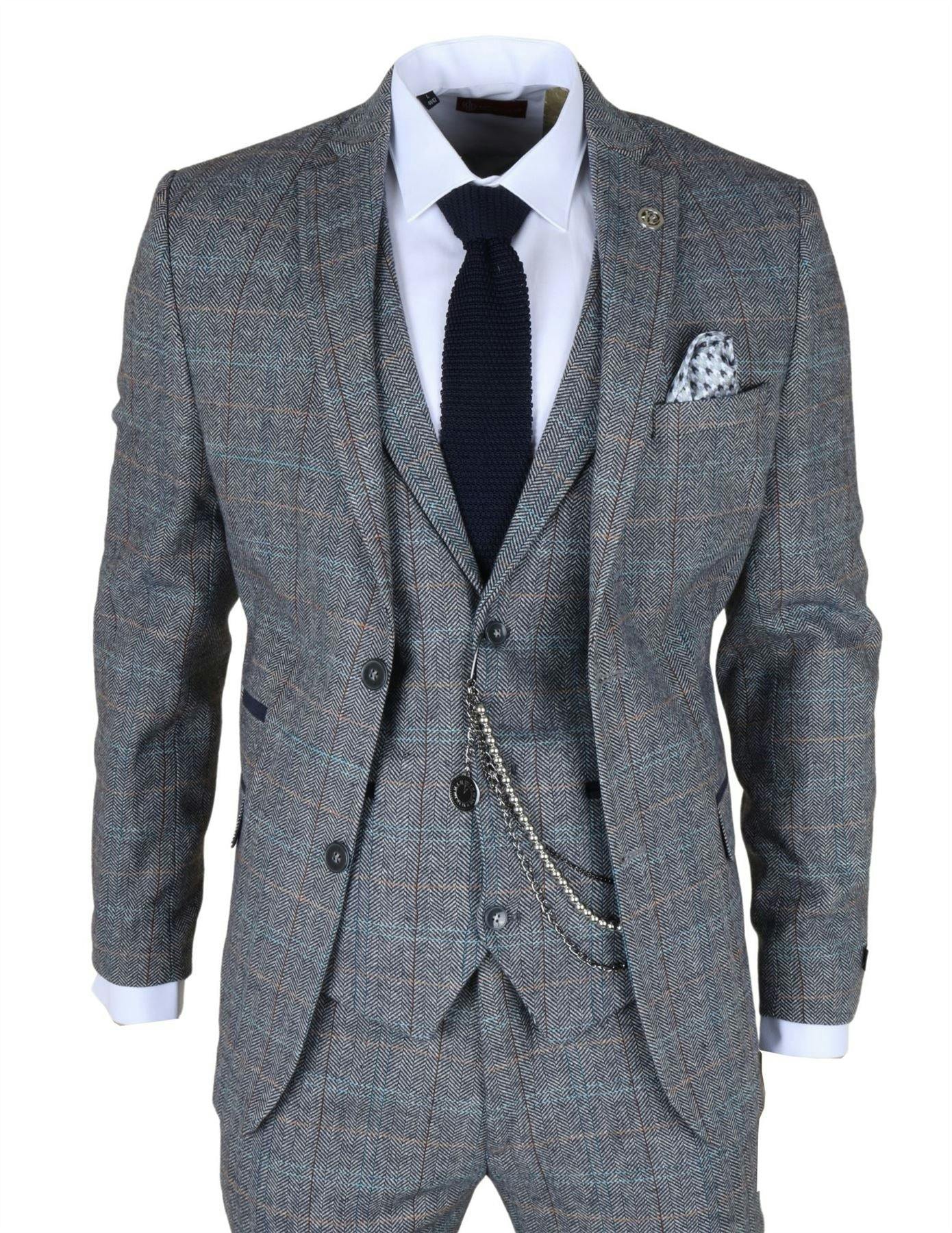Infinity Leather Men's Light/Blue/Grey Check Tweed 3-Piece Suit Vintage Pattern Tailored Fit Woollen Suit - 52" Jacket 46" Trousers