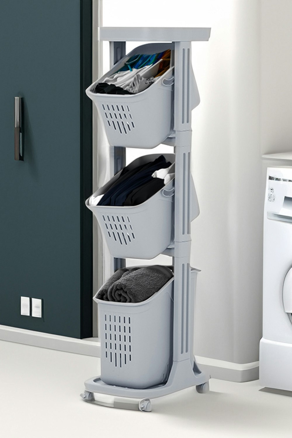 Rackhams Grey 4-Tier Detachable Kitchen Fruit Vegetable Basket Storage Rack Laundry With Wheels Trolley Cart