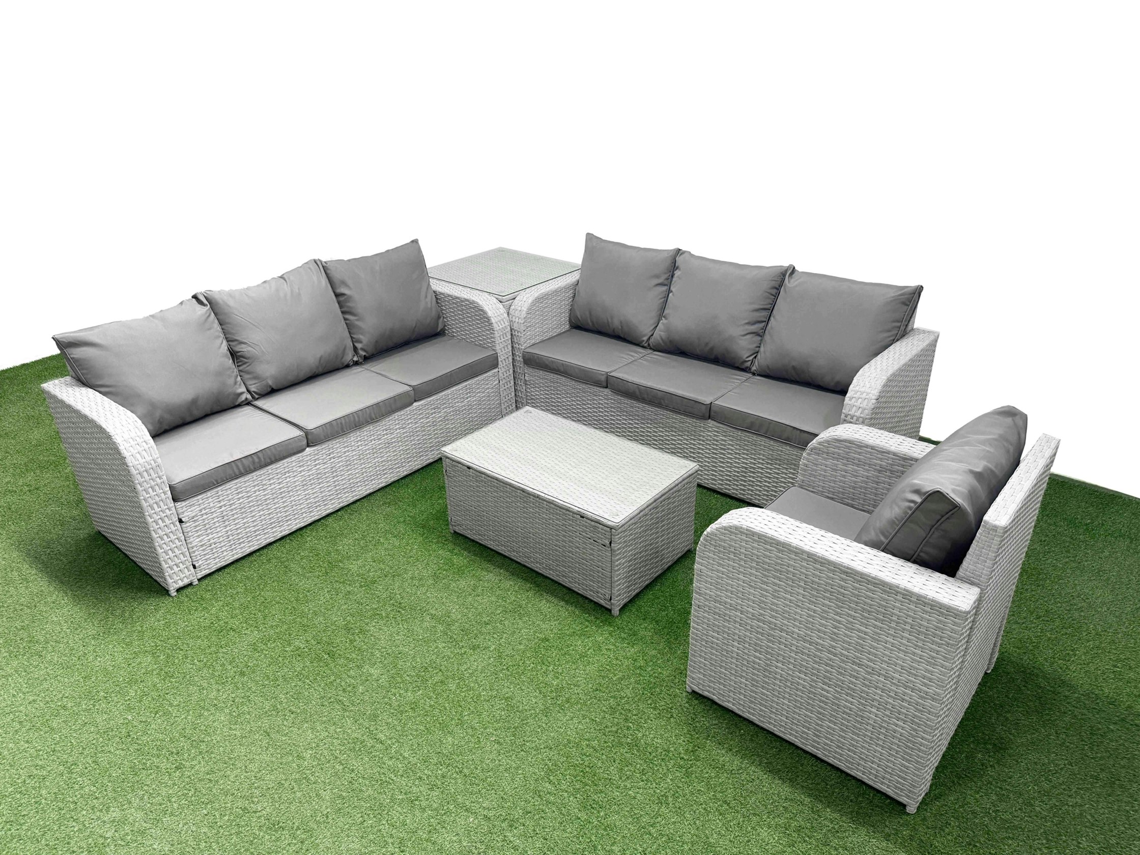 Fimous Light/Grey 7 Seater Poly Rattan Outdoor Garden Furniture Sofa Set Patio 3 Seater Sofa Reclining Chair 3 Seater Sofa Side Table