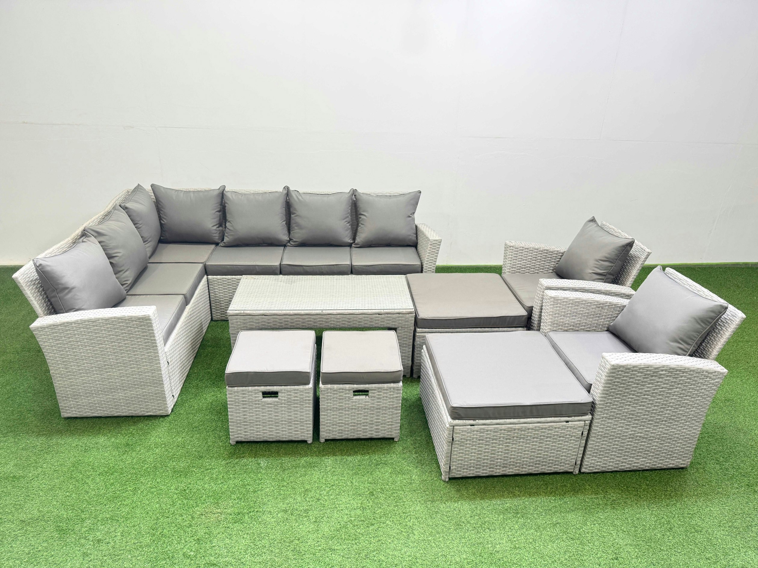 Rackhams Light/Grey Rattan Garden Furniture Set Outdoor 12 Seater Corner Sofa Sets With Oblong Coffee Table Chair 4 Footstools Mixed