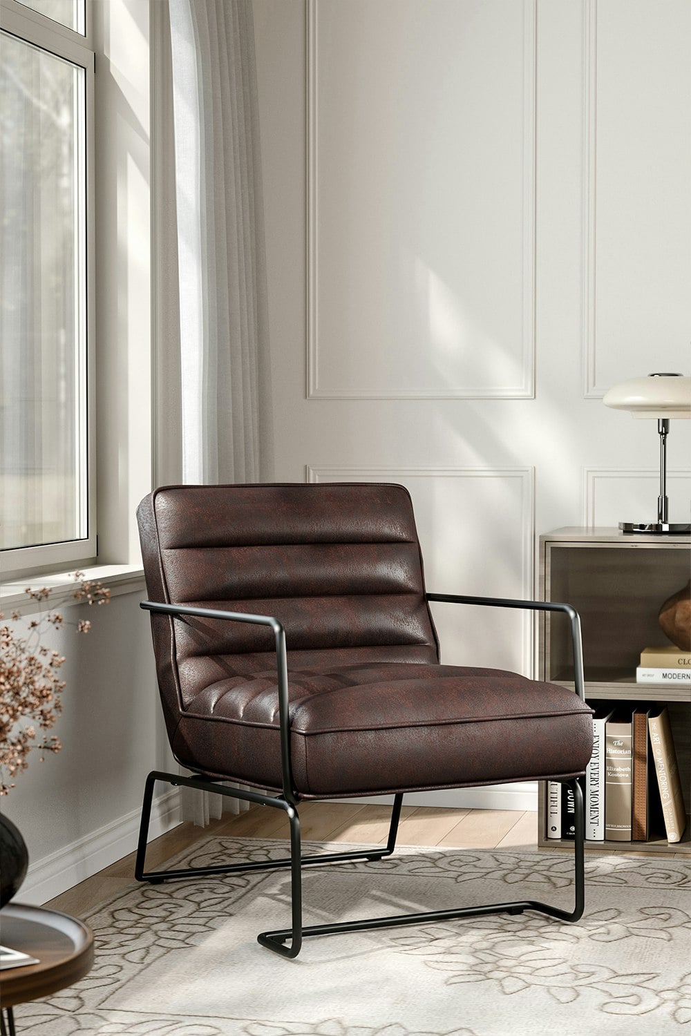 Rackhams Brown Mid-Century Pu Leather Striped Leisure Armchair With Metal Base