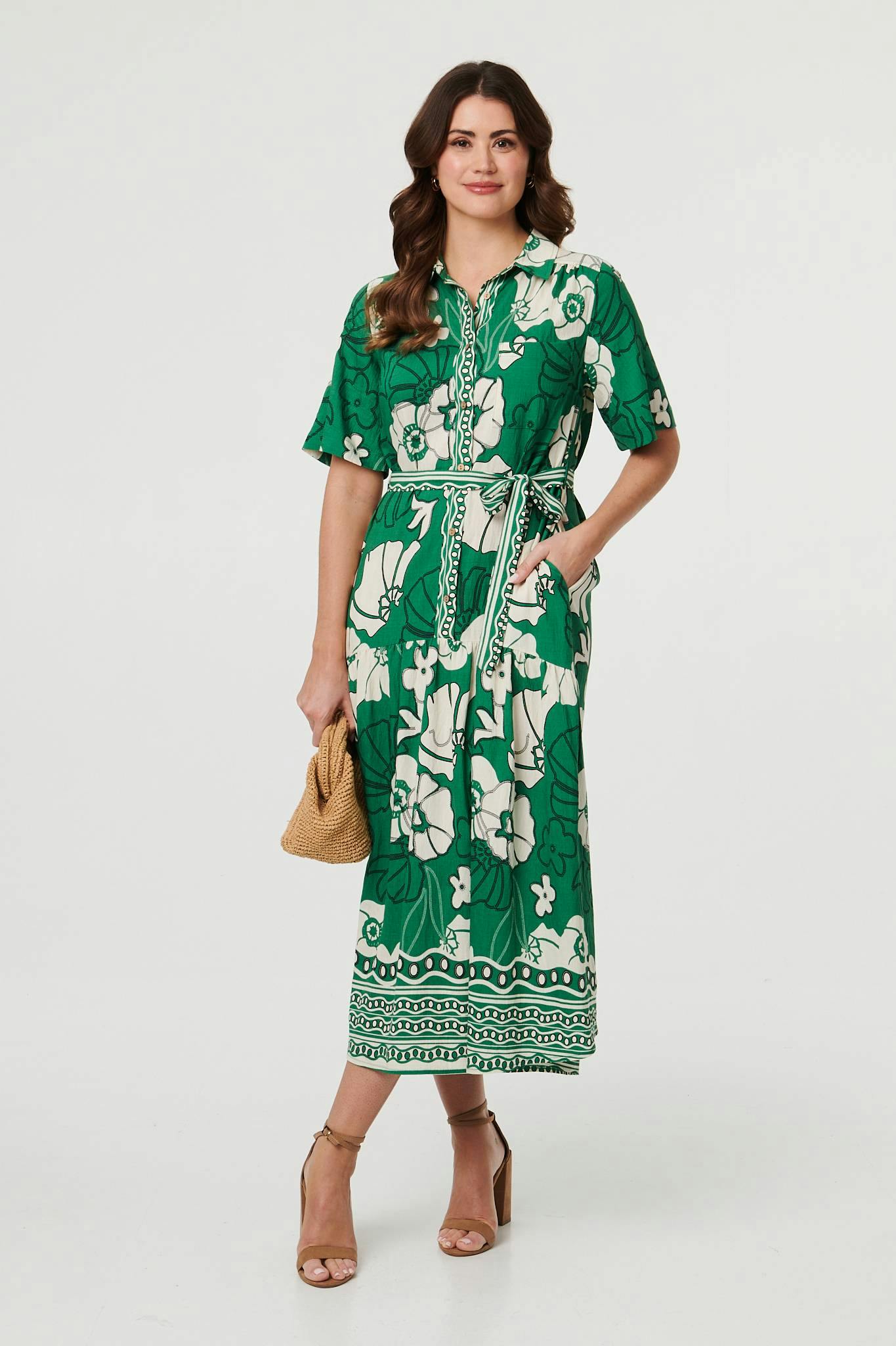 Izabel London Green Floral Tie 1/2 Sleeve Maxi Shirt Dress - 12