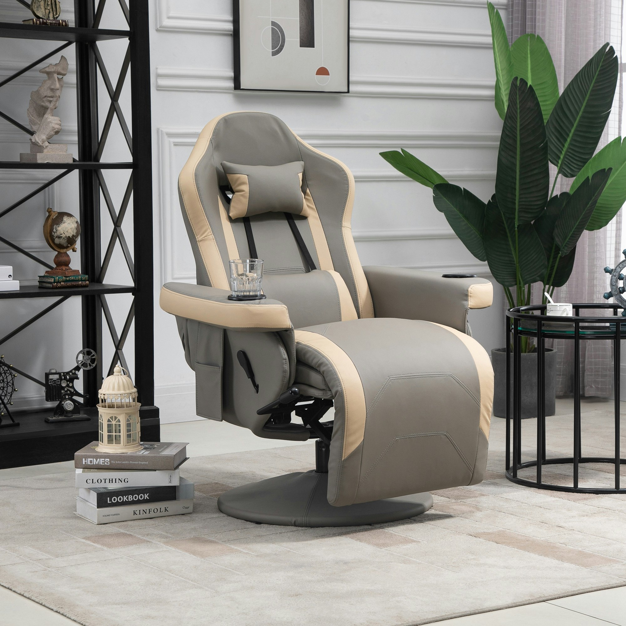 Rackhams Grey/Beige Manual Recliner Armchair Pu Sofa Chair W/ Footrest