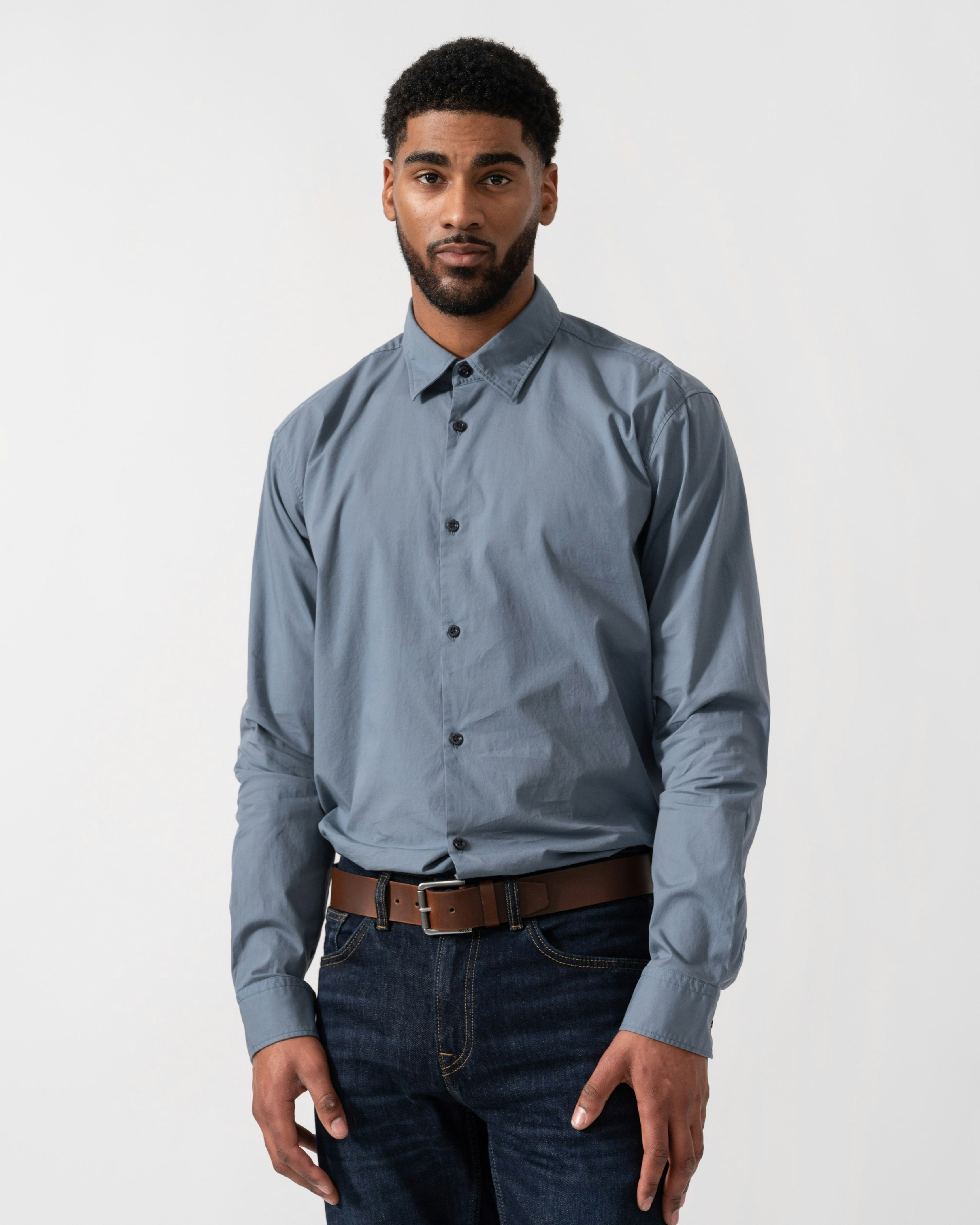 Hugo Men's Blue Ermo Slim-Fit Shirt In Stretch-Cotton Canvas - Open 496 - Open 496 - L