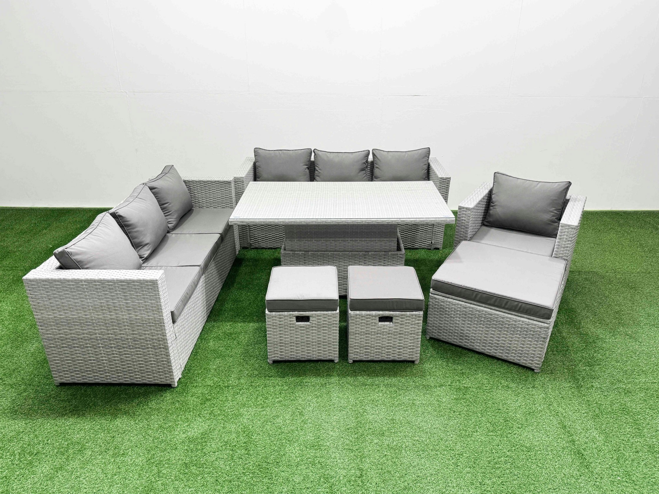 Fimous Light/Grey 6 Pcs Rising Dining Table Set Rattan Furniture Set With 3 Seater Sofa Chair 3 Footstools