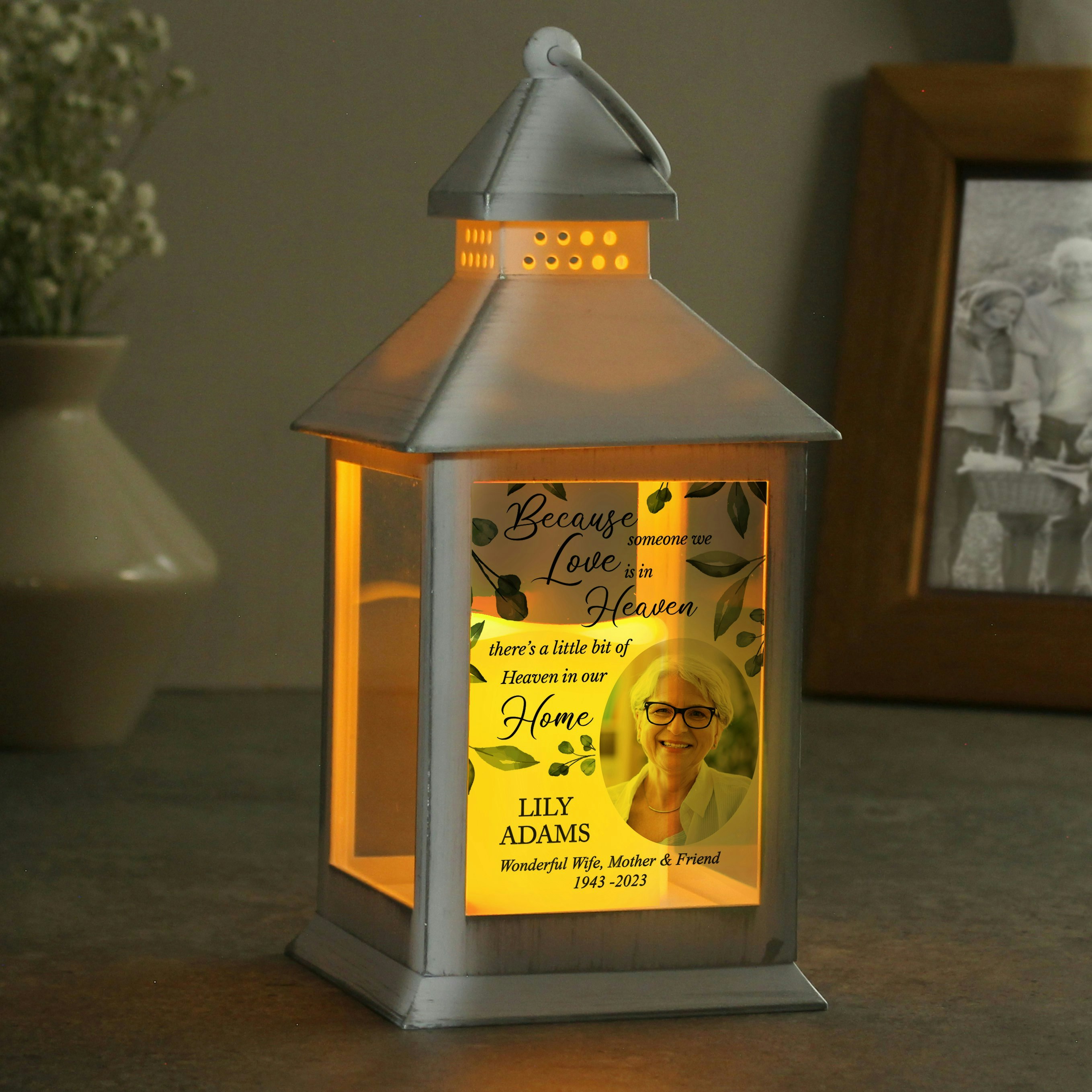 Rackhams White Personalised Botanical Memorial Photo Upload Lantern
