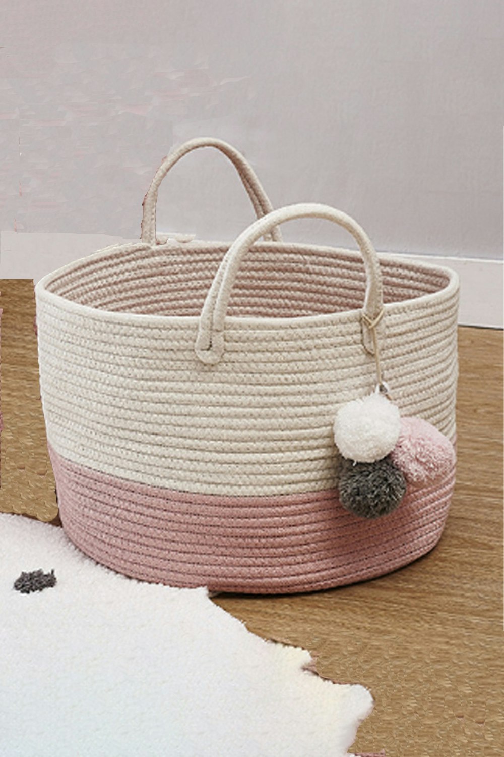 Rackhams Pink 31L Cotton Rope Woven Laundry Baskets Hamper Toy Basket With Handle 25Cm H