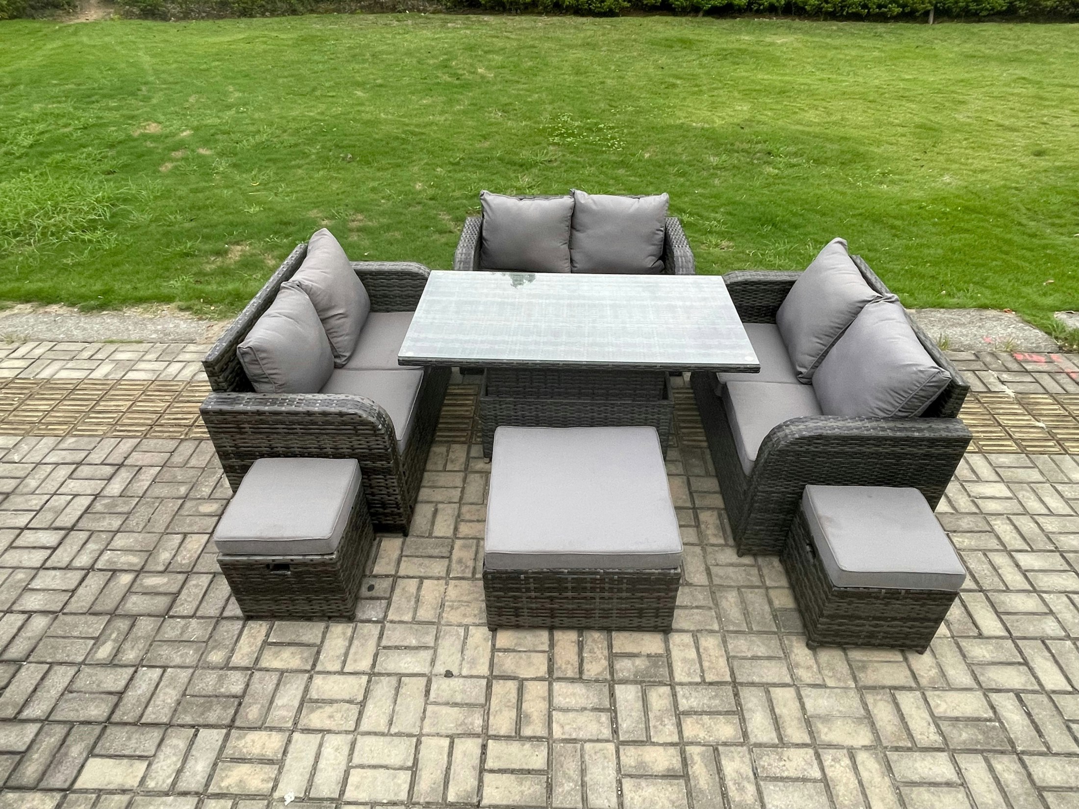 Fimous Dark/Grey Rattan Garden Outdoor Furniture 3 Pc Love Sofa Set Adjustable Rising Lifting Dining Table With 3 Footstools