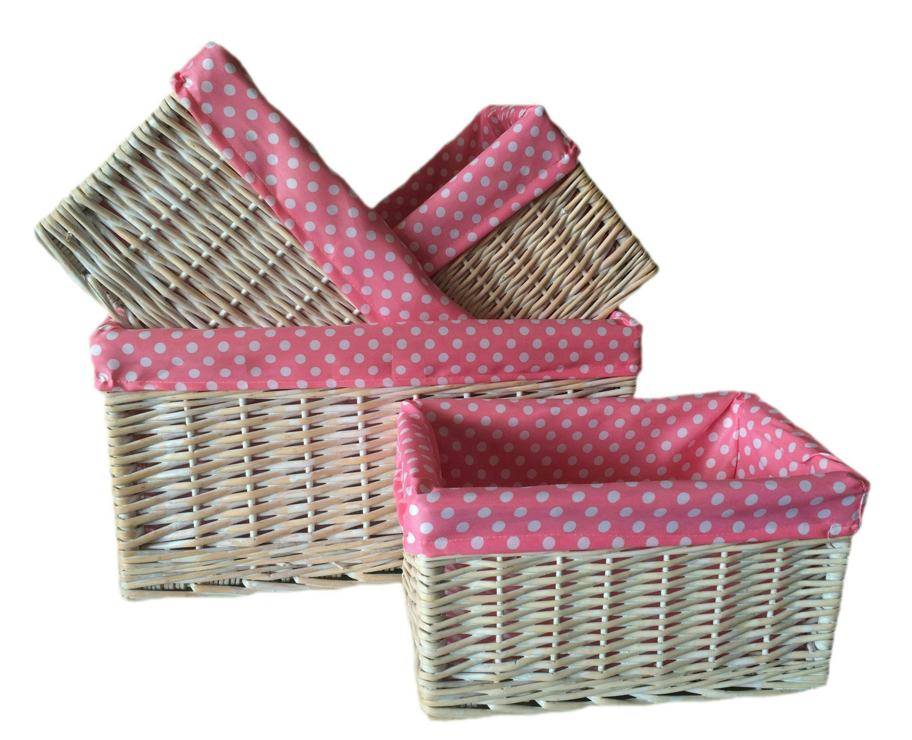 Rackhams Pink Spotty Lined Wicker Storage Basket - Set Of 4