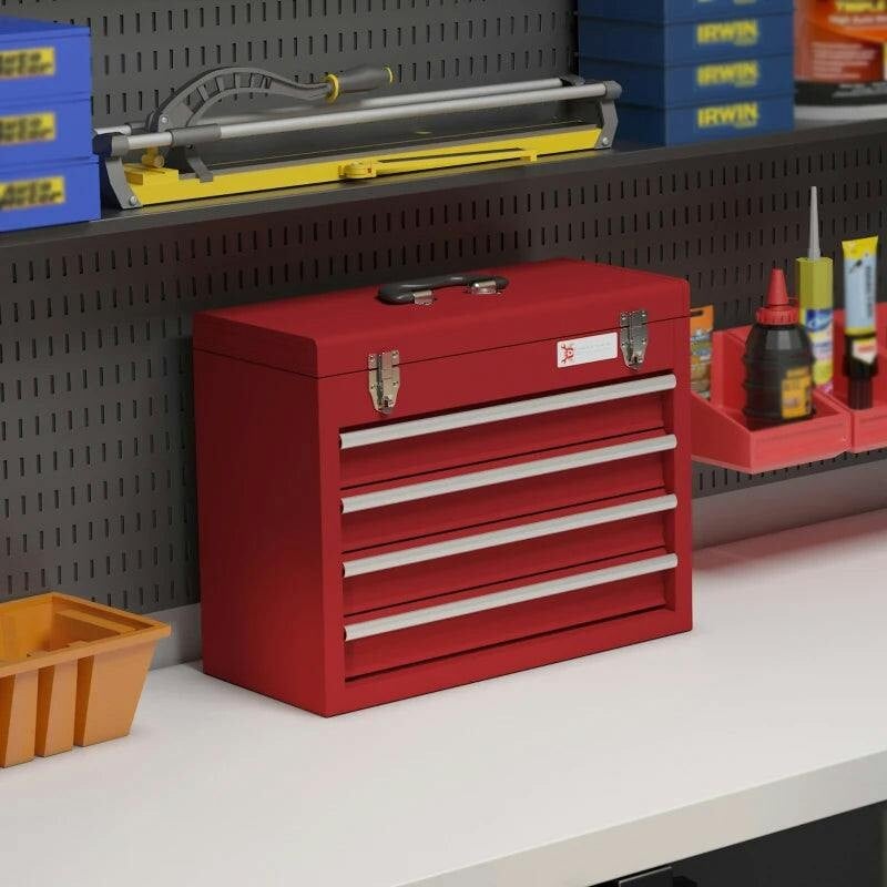 DURHAND 4 Drawer Tool Chest Lockable Metal 510mm x 220mm x 395mm Red | Tool Box, Ball Bearing Runners, Portable Toolbox - Image 6