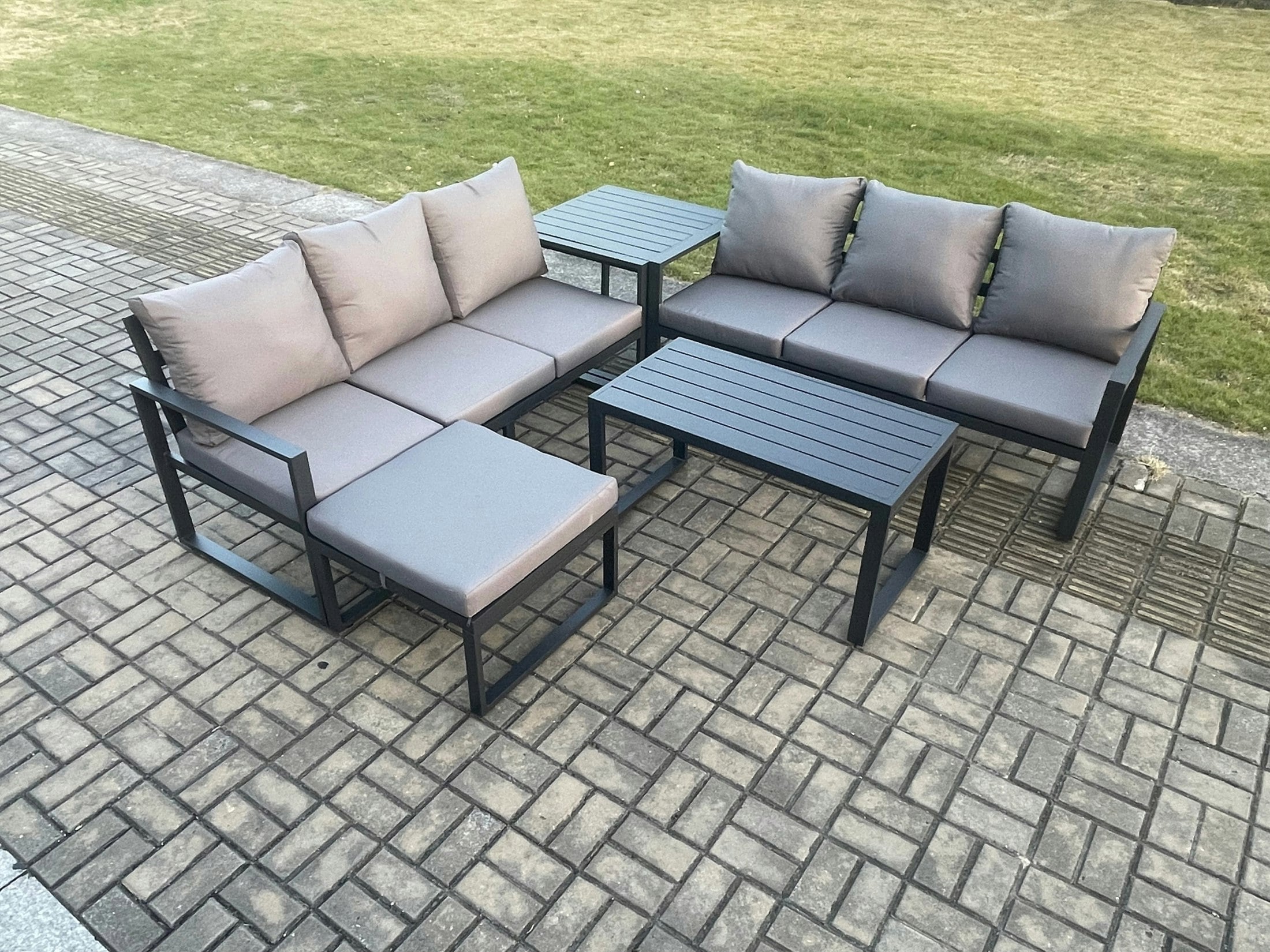 Rackhams Dark/Grey Aluminium 5 Pieces Outdoor Garden Furniture Lounge Sofa Set With Oblong Coffee Table Big Footstool Side Table