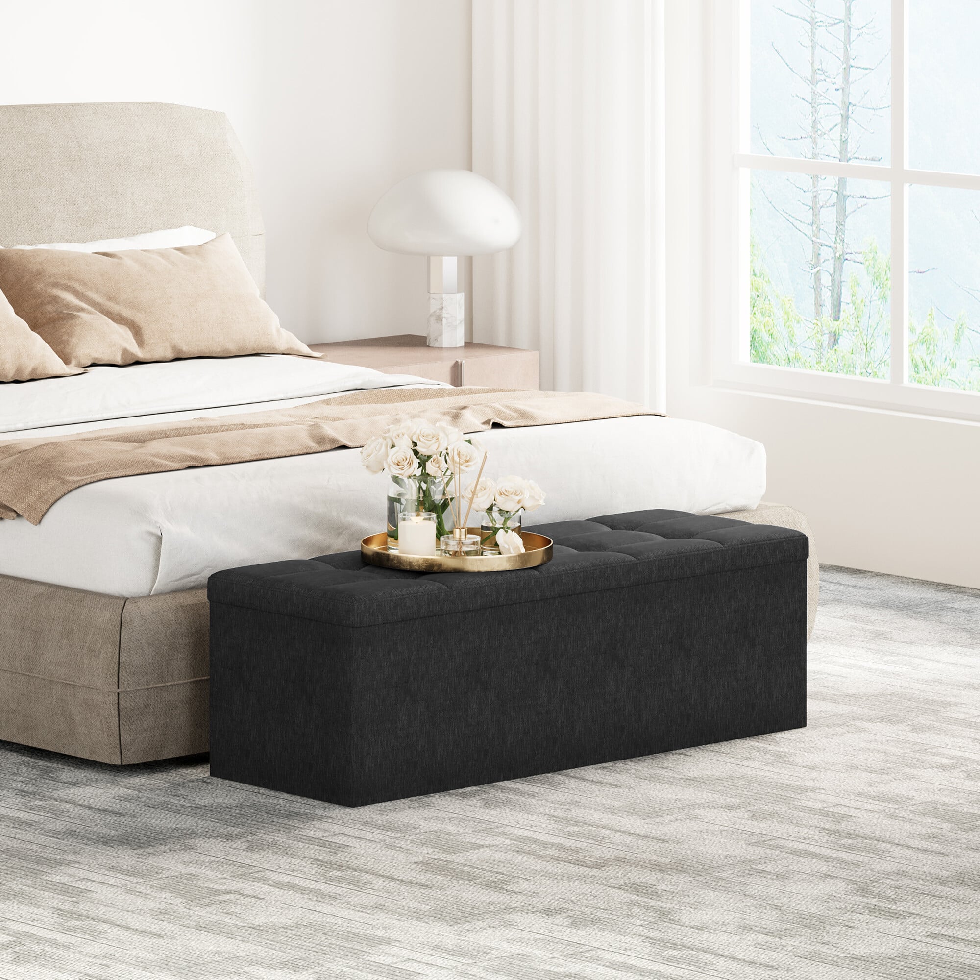 Mcc Direct 110Cm Large Foldable Storage Ottoman Bench Upholstered Footstool D - Black - Image 3