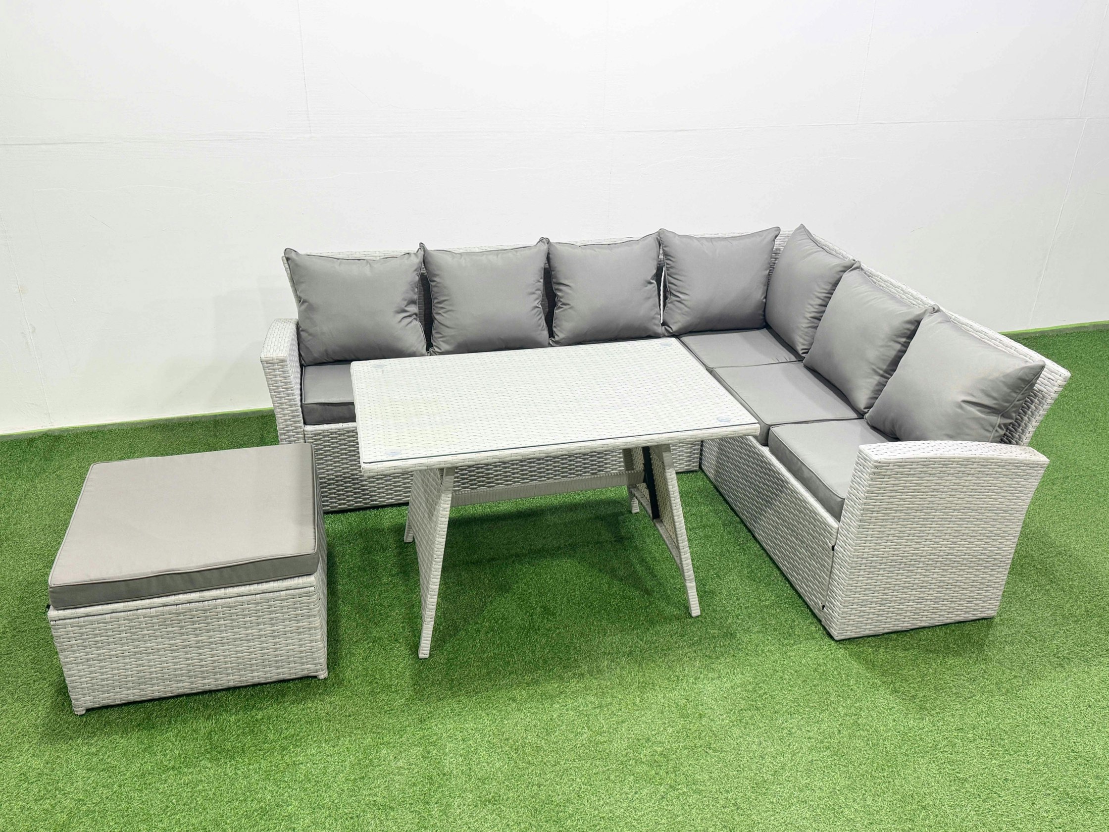Rackhams Light/Grey 7 Seater Garden Outdoor Rattan Furniture Set Rattan Corner Sofa Oblong Dining Table Set With Big Footstool Mixed