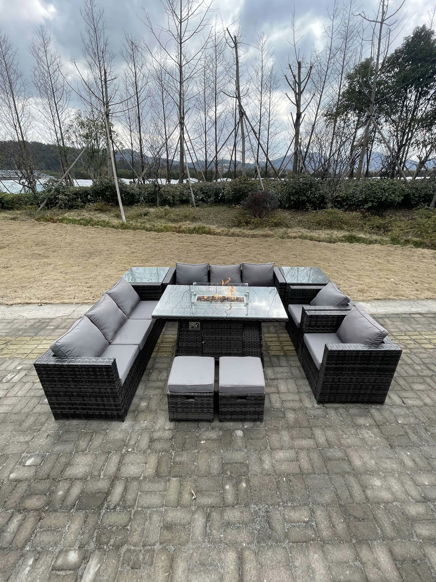 Fimous Dark/Grey Rattan Outdoor Garden Furniture Set With Gas Fire Pit Dining Table, 2 Sofas, 2 Chairs, 2 Side Tables, 2 Footstools - 10 Seater