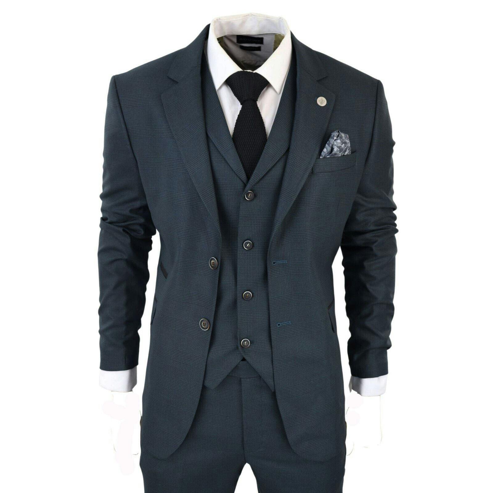 Truclothing Men's Green 3 Piece Olive Prince Of Wales Check Suit - Olive - 38" Jacket 32" Trousers