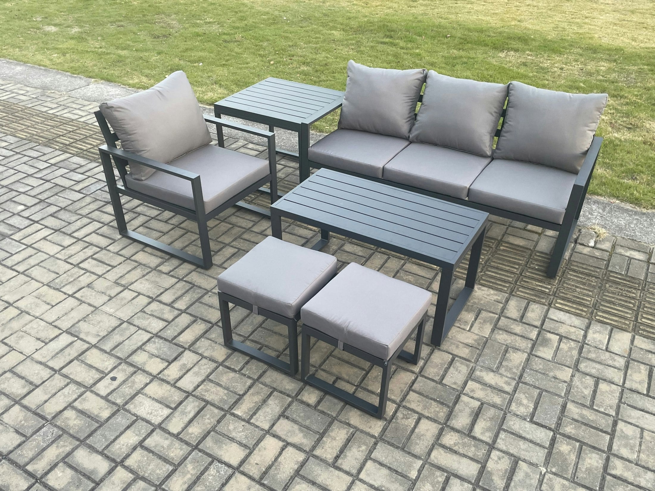 Rackhams Dark/Grey Aluminium 6 Pieces Garden Furniture Sofa Set With Cushions 6 Seater Outdoor Patio Set With Armchair 2 Small Footstools Side Table