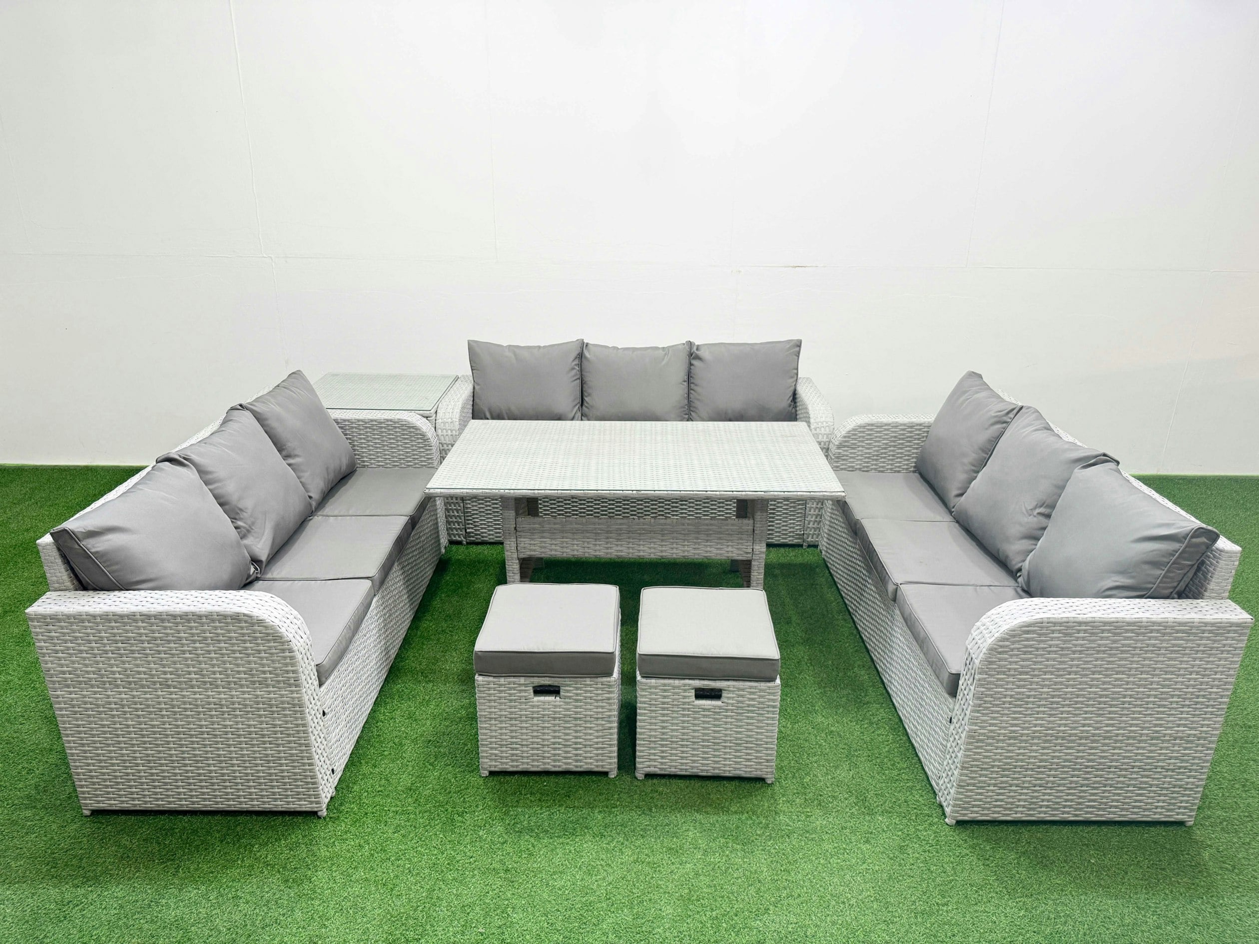 Fimous Light/Grey Pe Rattan Lounge Sofa Set 11 Seater Outdoor Garden Furniture Set With Rectangular Dining Table 3 Seater Sofa 2 Stools Side Table