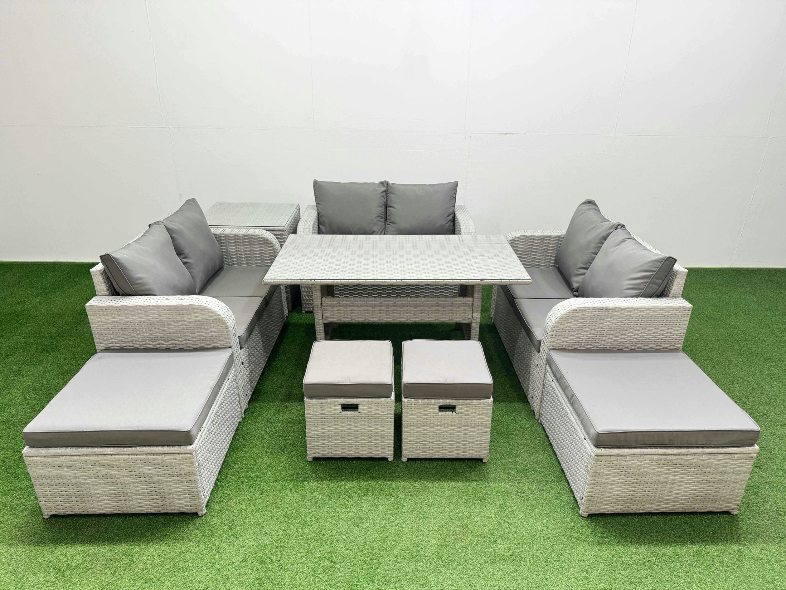 Fimous Light/Grey Rattan Lounge Sofa Set 10 Seater Outdoor Garden Furniture Set With Dining Table Love Sofa 2 Big Footstools 2 Small Stool Side Table
